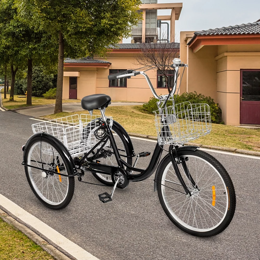 OverPatio Adult Tricycle 7 Speed, 24″ Three Wheel Bikes, for Seniors, Adults, Women, Men, Black