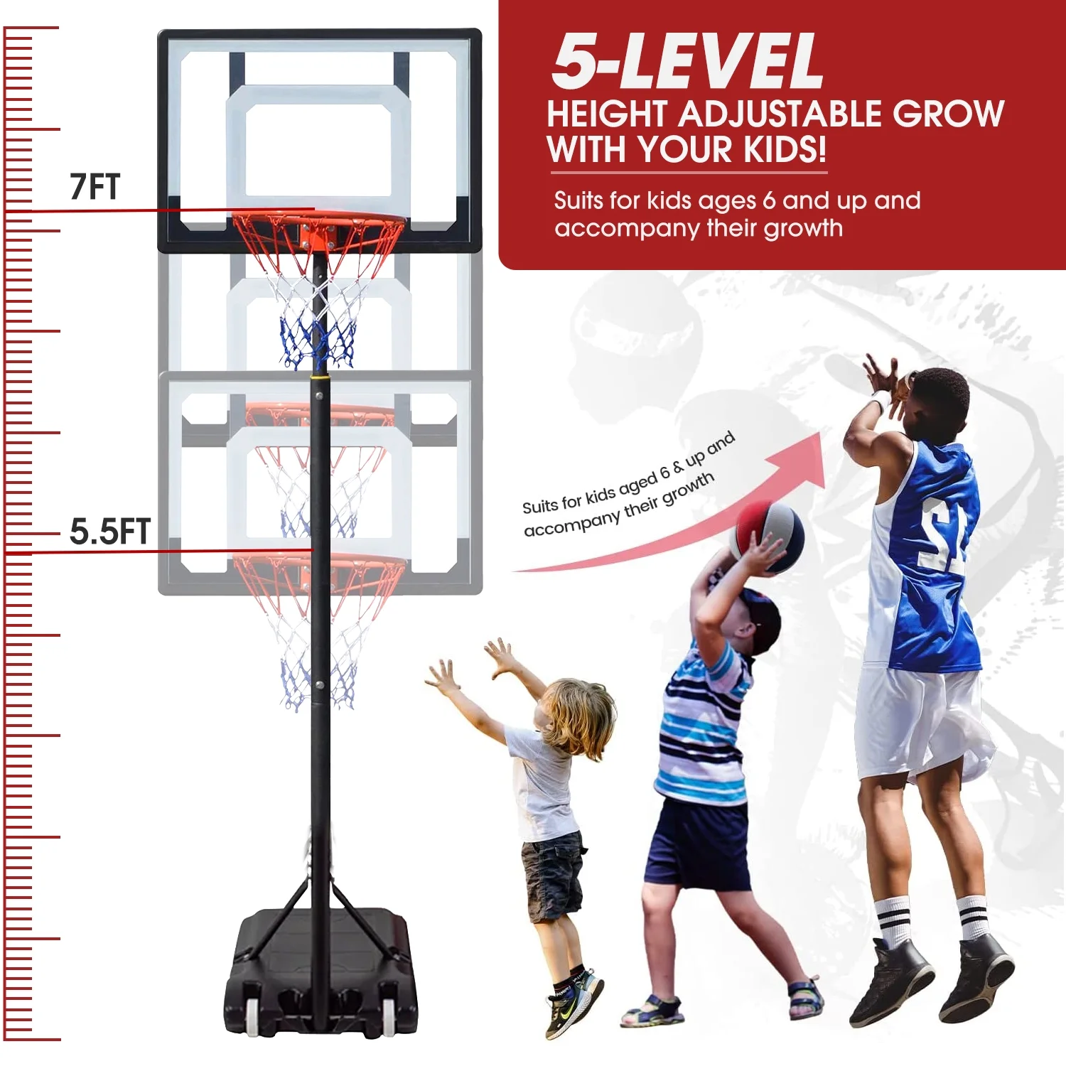 Ifanze Basketball Hoop with 60”- 84” Adjustable Height for Kids Teenagers Youth Junior, Portable Basketball Hoop with Stand & Backboard Wheels for Basketball Goals Indoor Outdoor Play