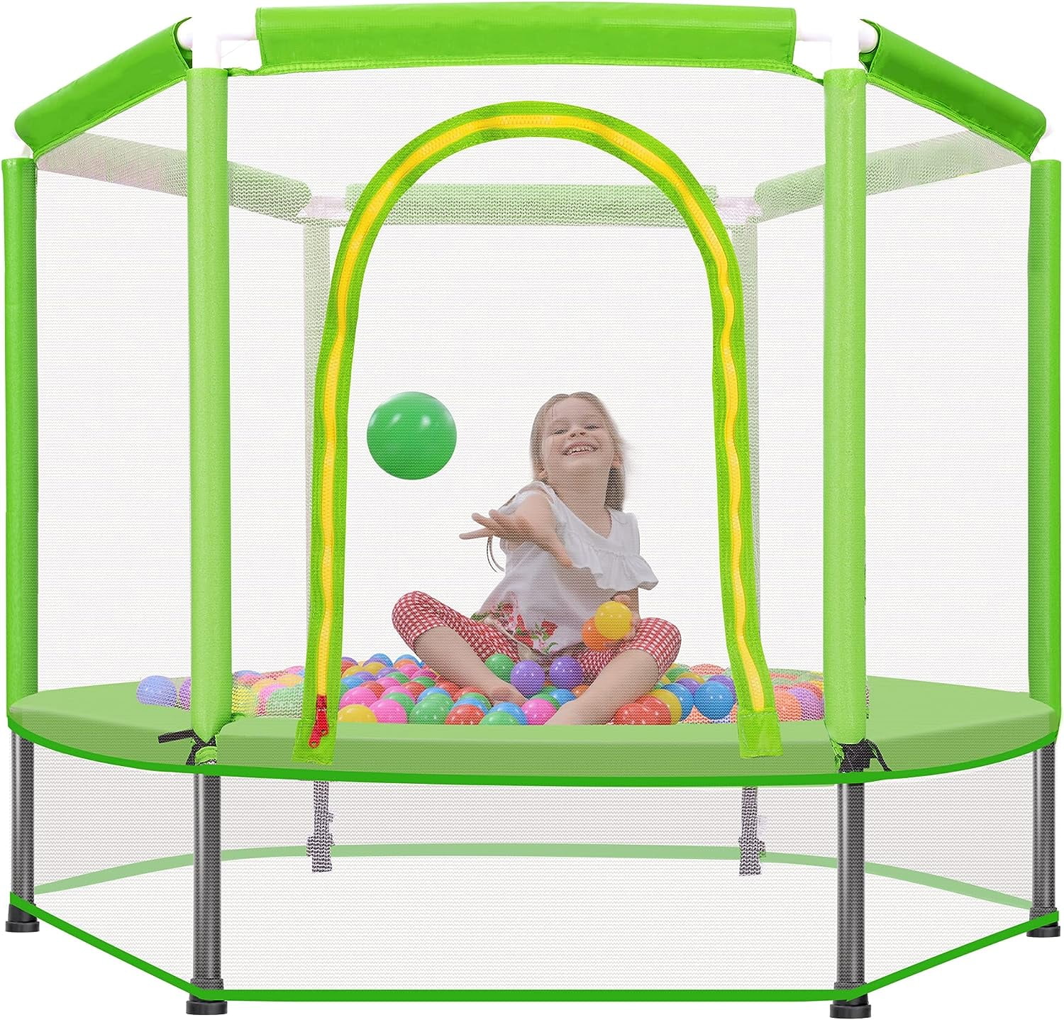 KOFUN 55″ Mini Trampoline for Kids, 4.5FT Indoor Outdoor Toddler Trampoline with Safety Enclosure Net and Pit Balls, Baby Small Trampoline Birthday Gifts for Boy and Girls Age 3 Months and up, Green