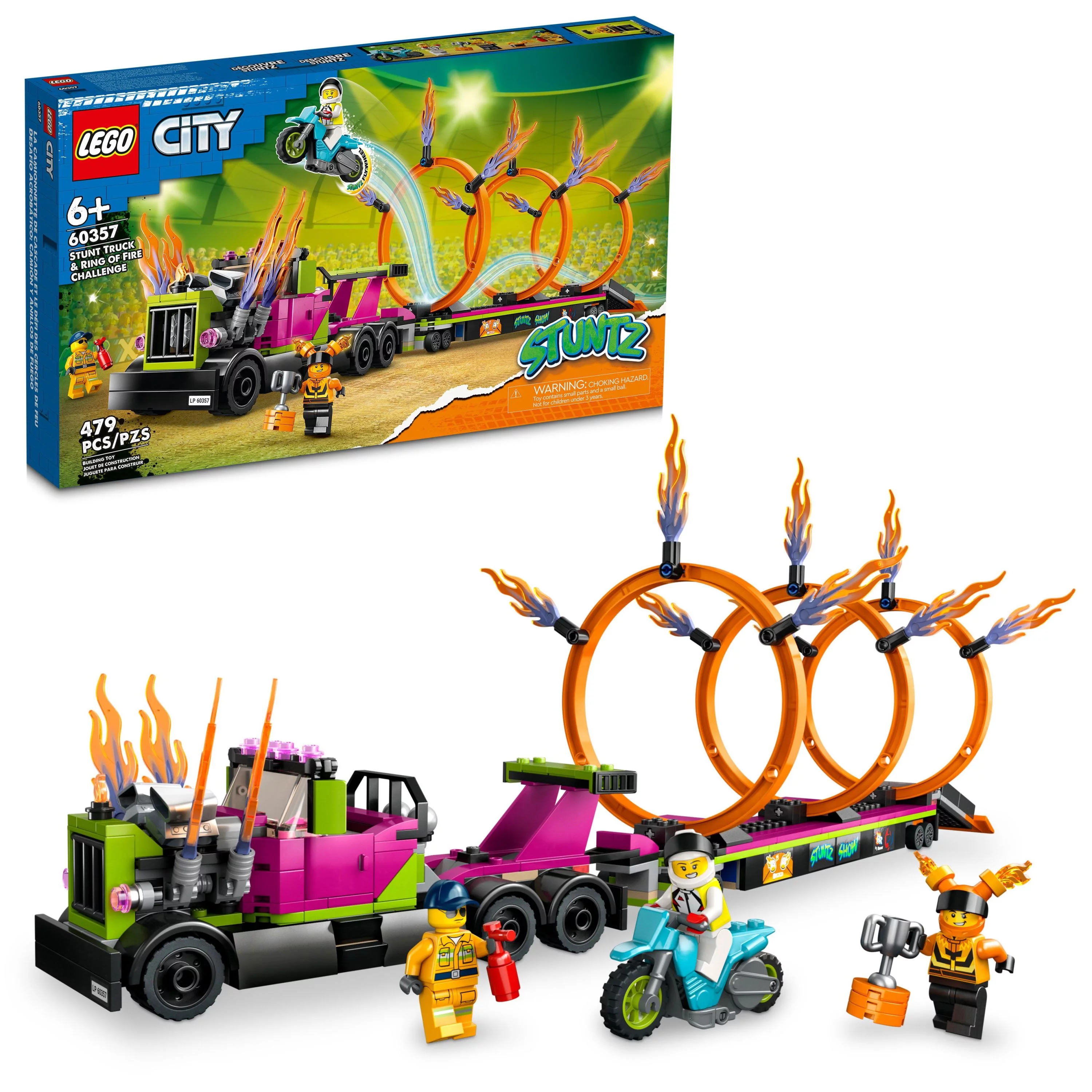 LEGO City Stuntz Stunt Truck & Ring of Fire Challenge 60357 with Flywheel-Powered Motorcycle Toy and Minifigures, Fun Gift for Kids ages 6 Plus