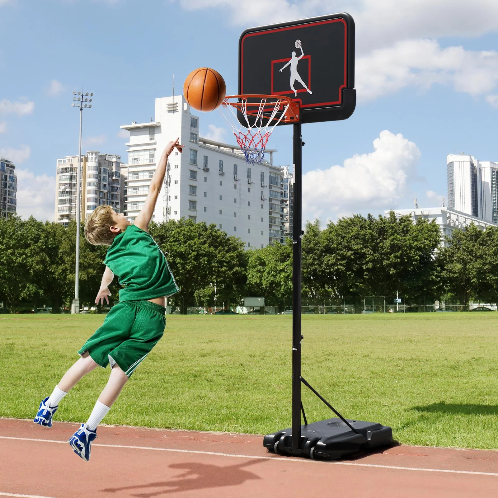 Zimtown Basketball Goal Hoop Stand 8-10ft Height Adjustable, Movable for Kids Teen Outside Backyard Playing