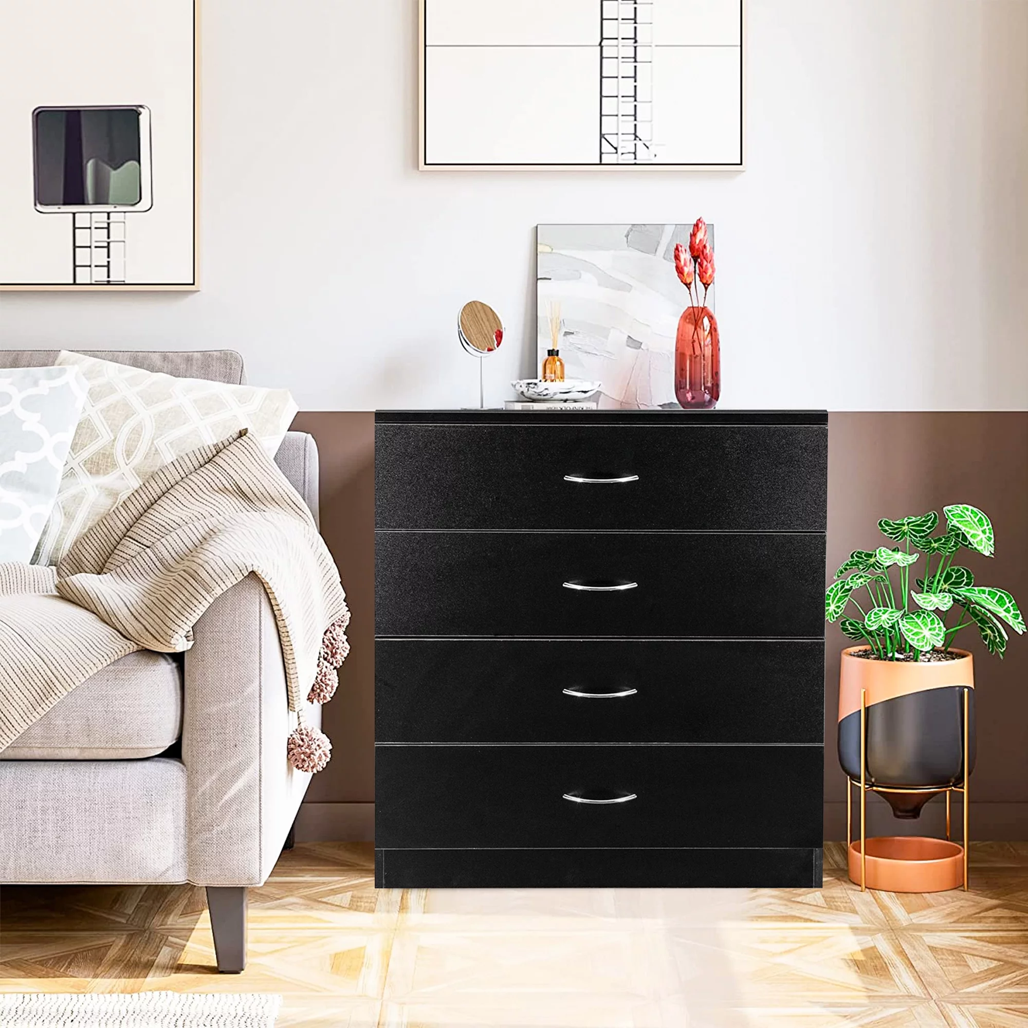 Segmart Black 4 Drawer Dresser for Small Space, Wood Storage Cabinet for Living Room, Chest of Drawers with Metal Handle for Bedroom