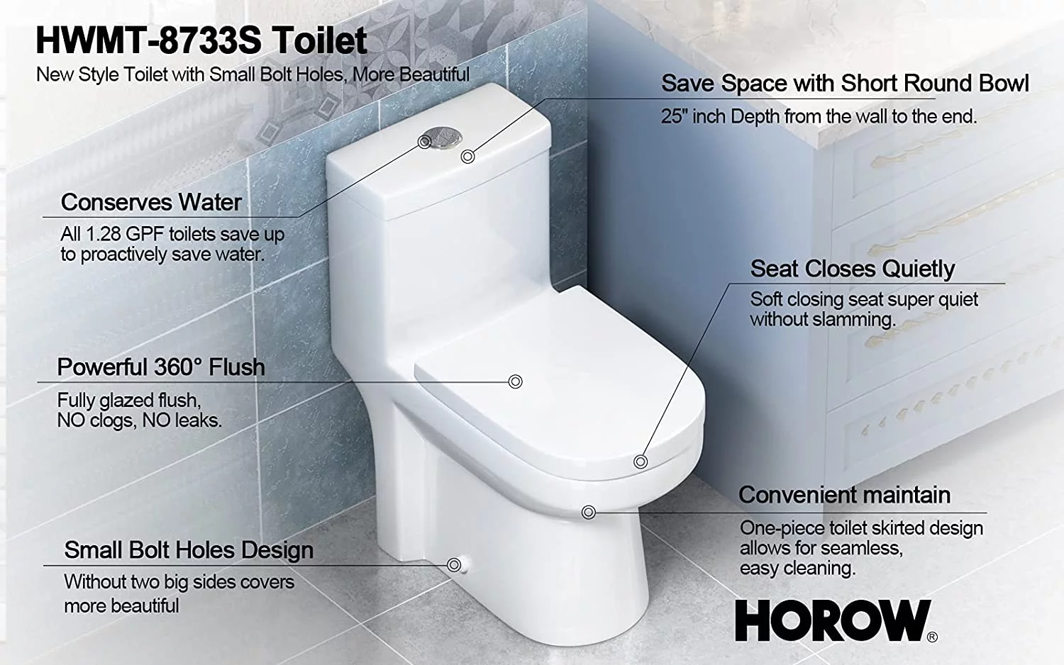 HOROW Upgraded One-Piece 0.8/1.28+ Dual Flush Ultra Ceramic Modern Compact Small Toilets with Elegant Side Holes for Bathrooms