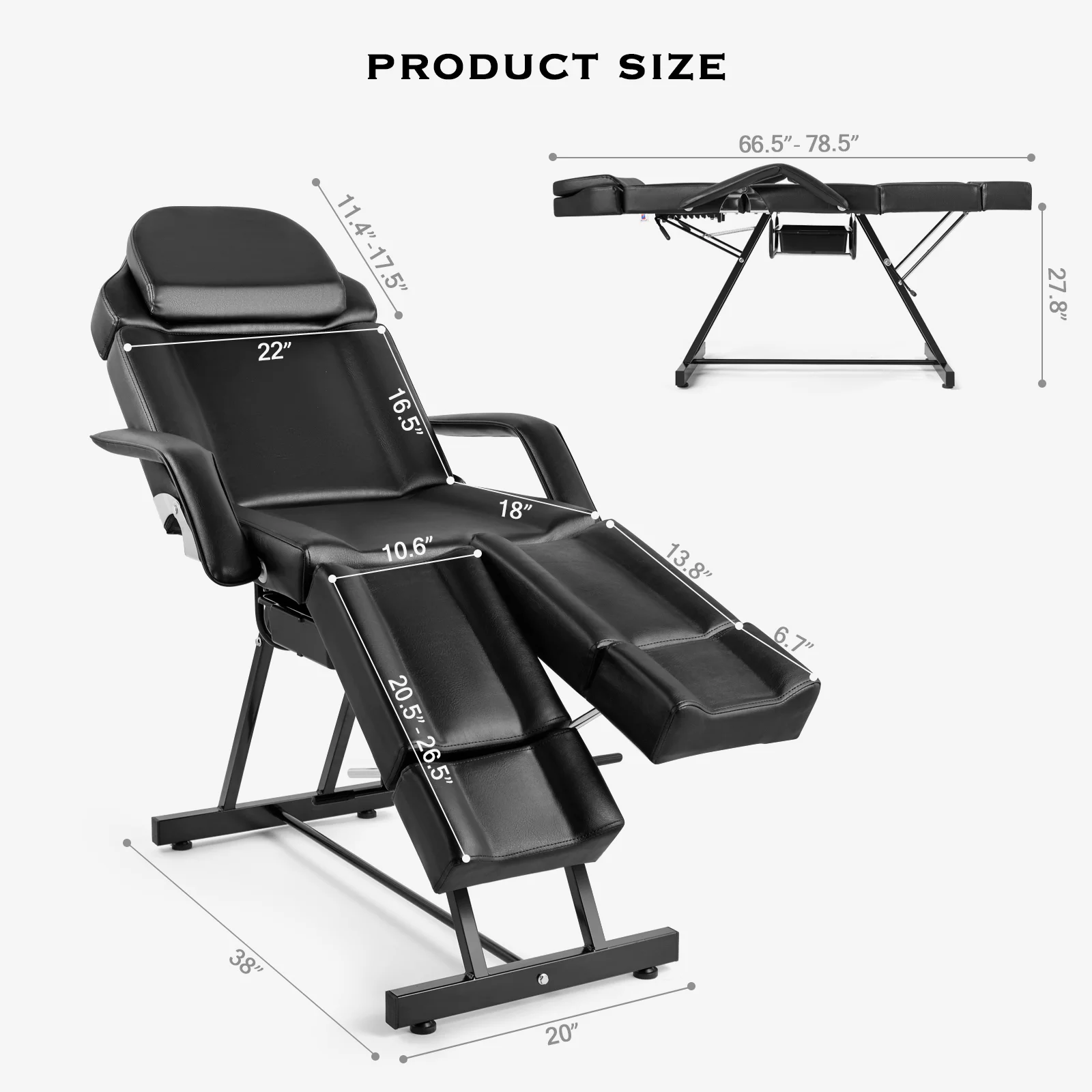 Artist Hand Recliner Massage Table Adjustable Facial Lash Bed Tattoo Salon Chair with Tray, Split Footrests (Black)