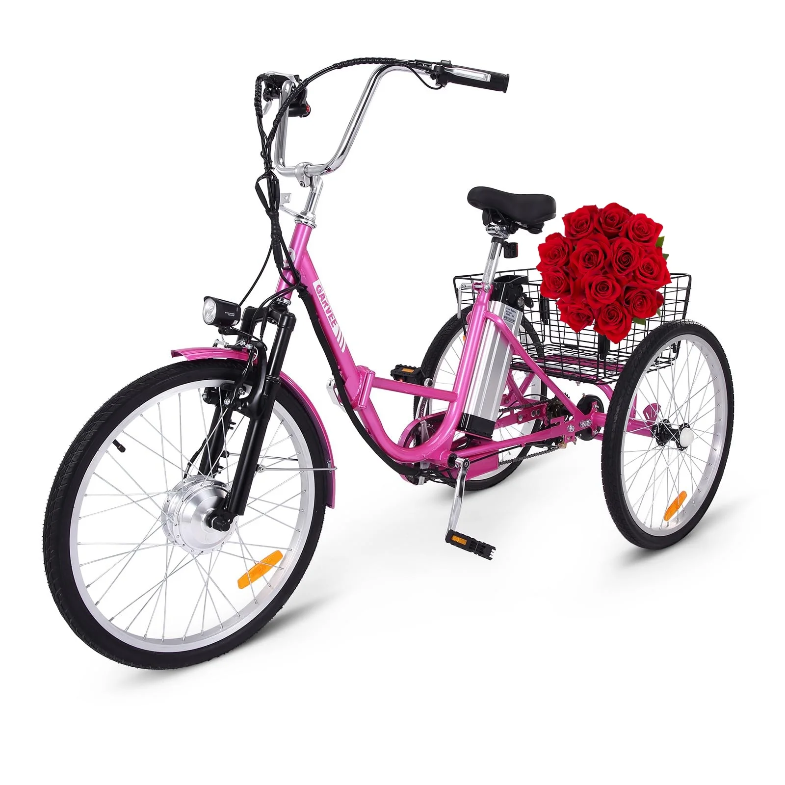 Soonbuy 24″ Electric Tricycle, 7 Speeds/36V 10Ah/Large Basket, up to 330lbs , Rose Red