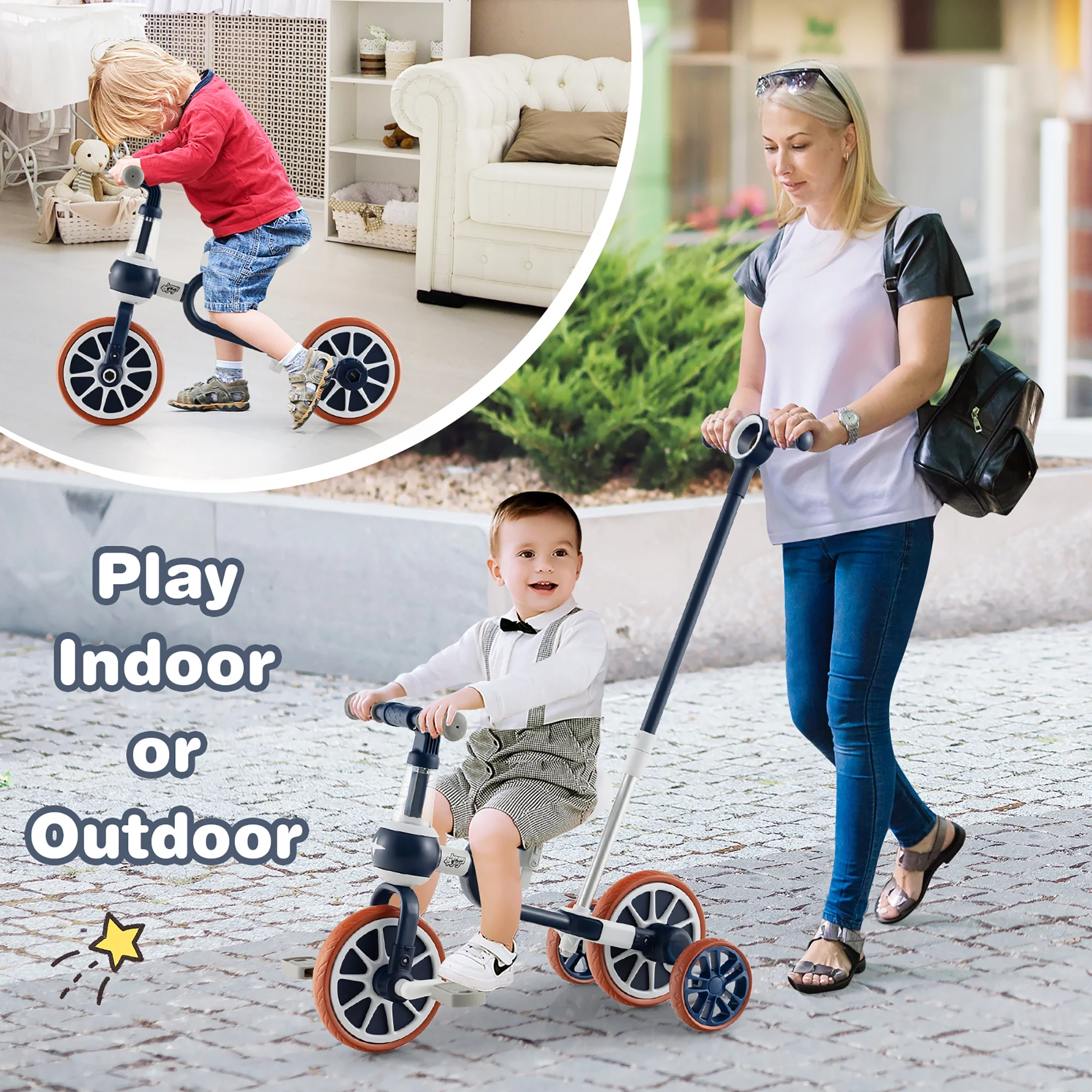 Costway 4 in 1 Kids Tricycles with  Push Handle & Training Wheels Baby Balance Bike Navy