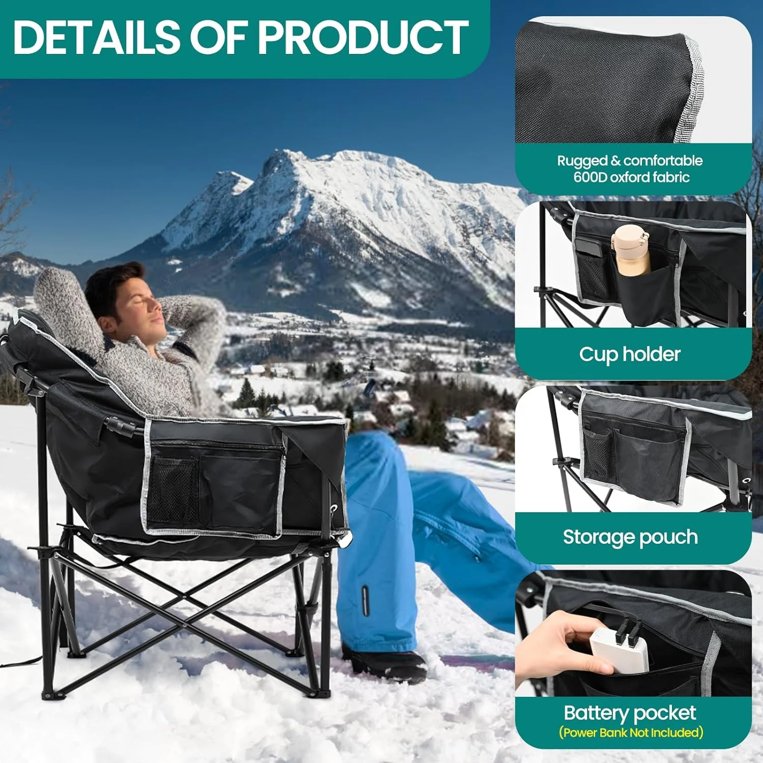 ABORON Oversized Heated Camping Chair, Outdoor Portable Heated Folding Chairs, Patio Lounge Chairs with 3 Heat Levels, Heating Chair for Outdoor Sports, Camping