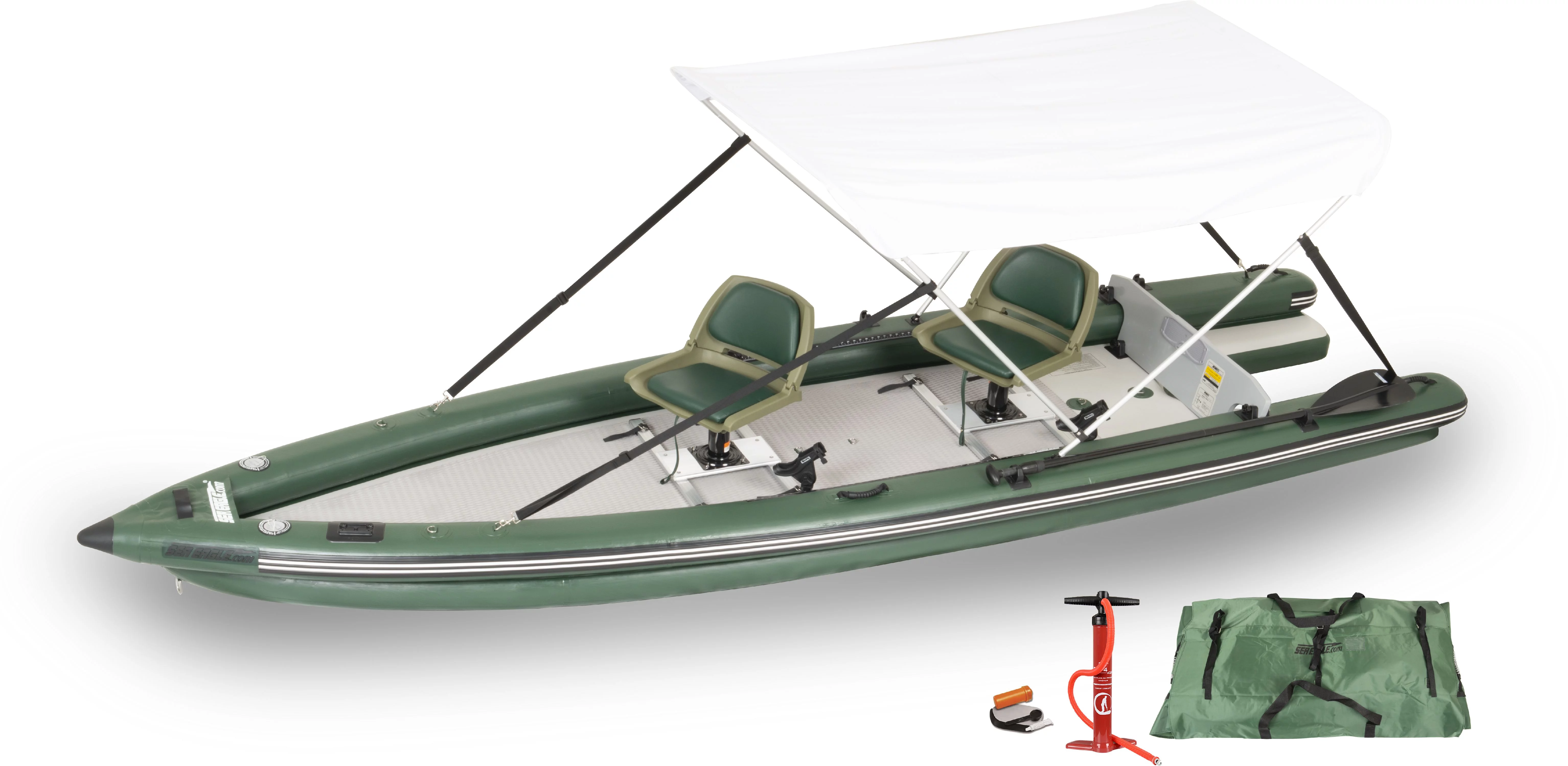 Sea Eagle FSK16 Inflatable FishSkiff 16 Frameless Fishing Boat – 2 Person Swivel Seat Canopy Package