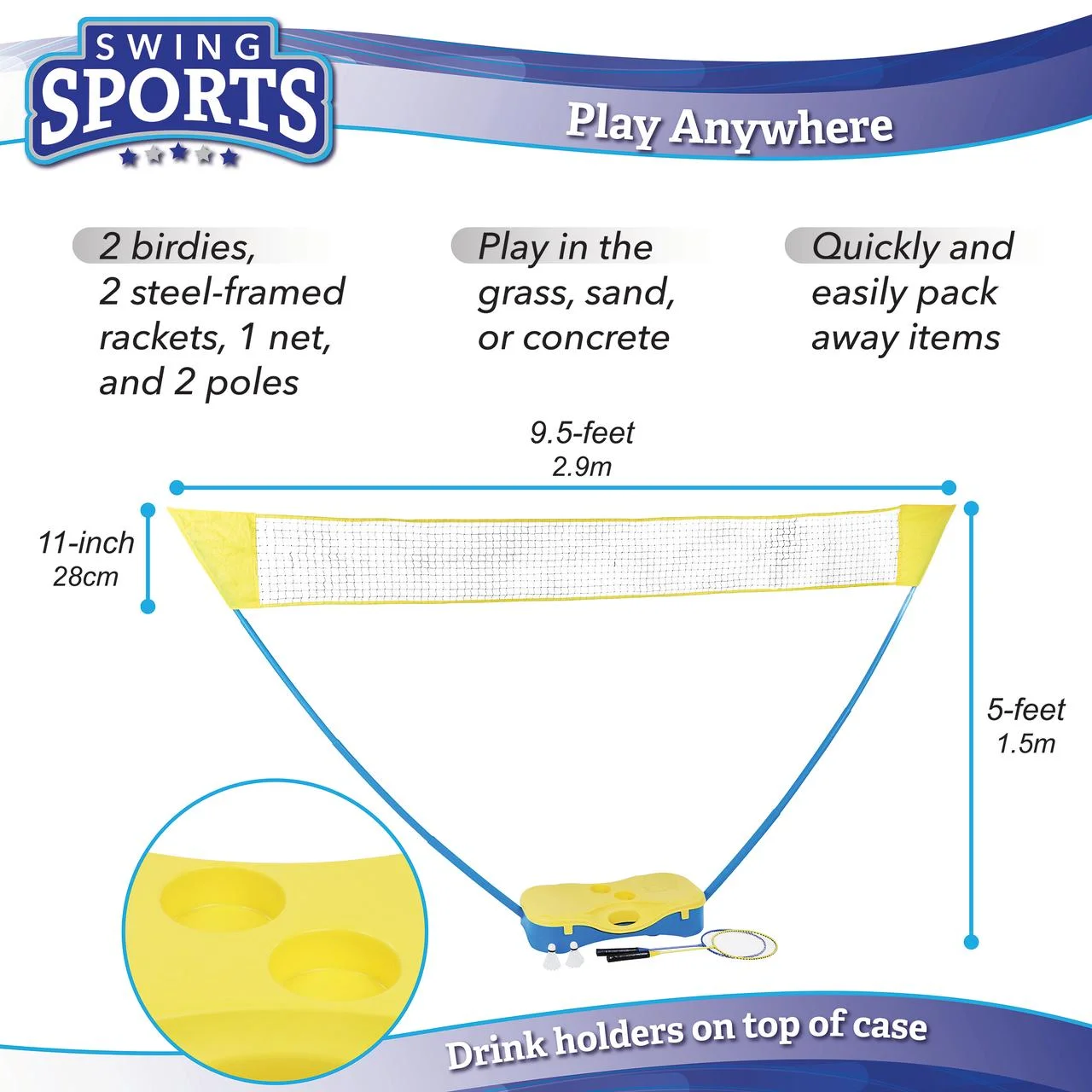 Swing Sports Outdoor Badminton Set – 5ft Standing Net with Birdies and Rackets