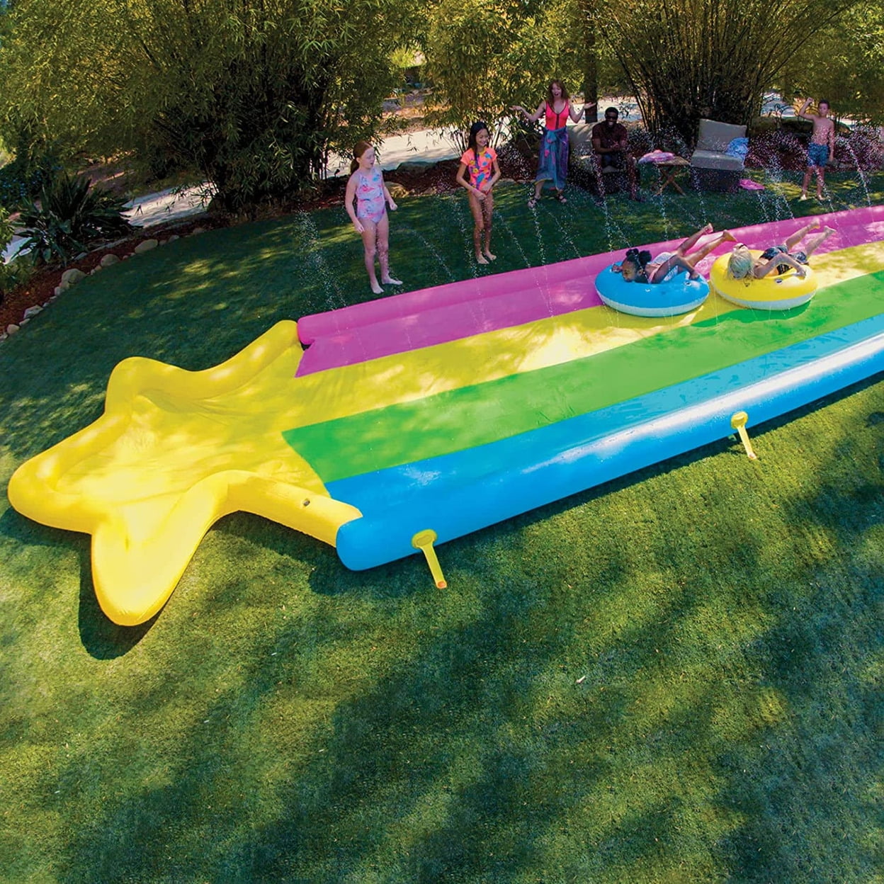 WOW Sports 40′ x 8′ Rainbow Star Super Slide with 2 Inflatable Sleds (21-2520-WOW)