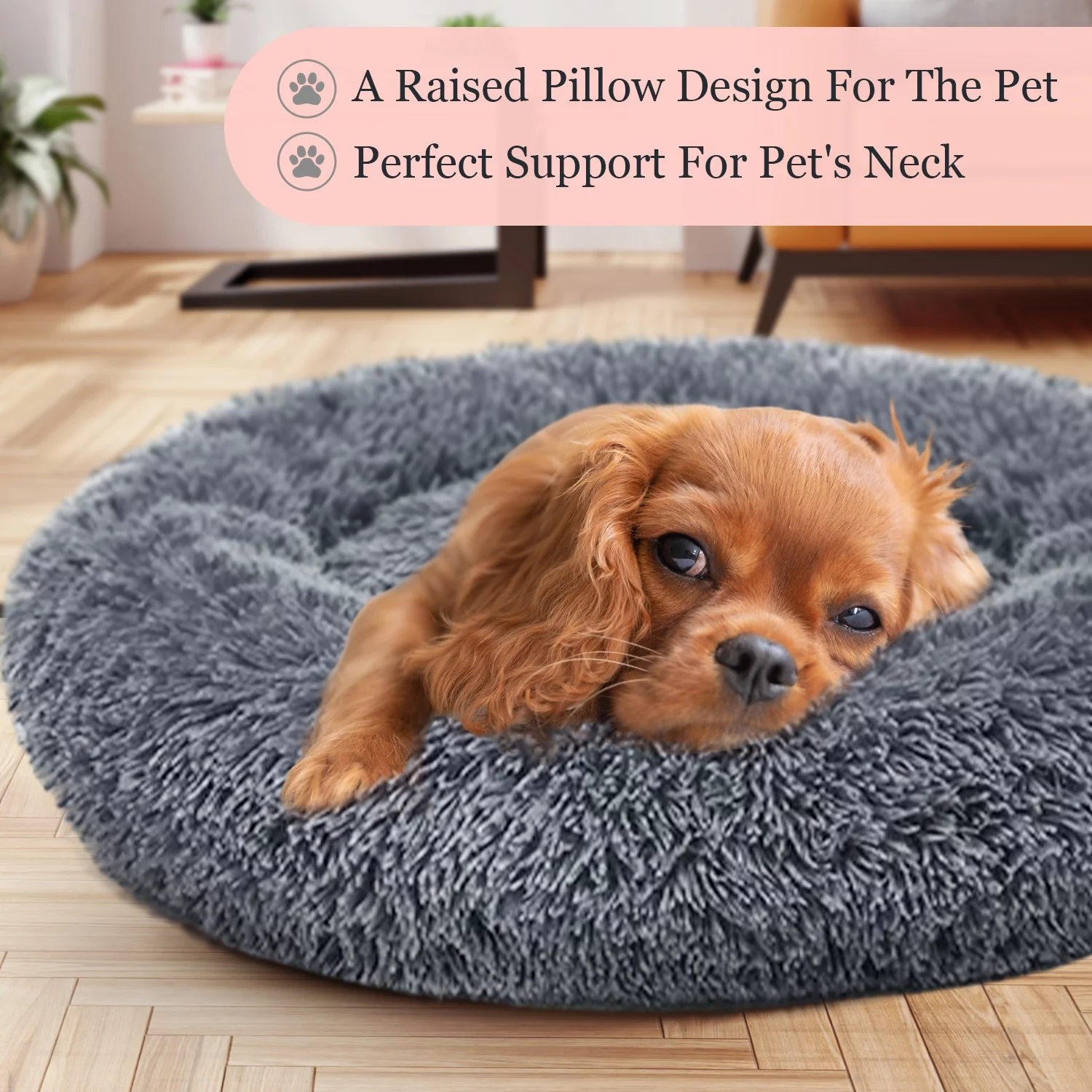 Calming Dog & Cat Bed, Anti-Anxiety Donut Cuddler Warming Cozy Soft Round Bed, Fluffy Faux Fur Plush Cushion Bed for Medium Small Dogs and Cats, 24″