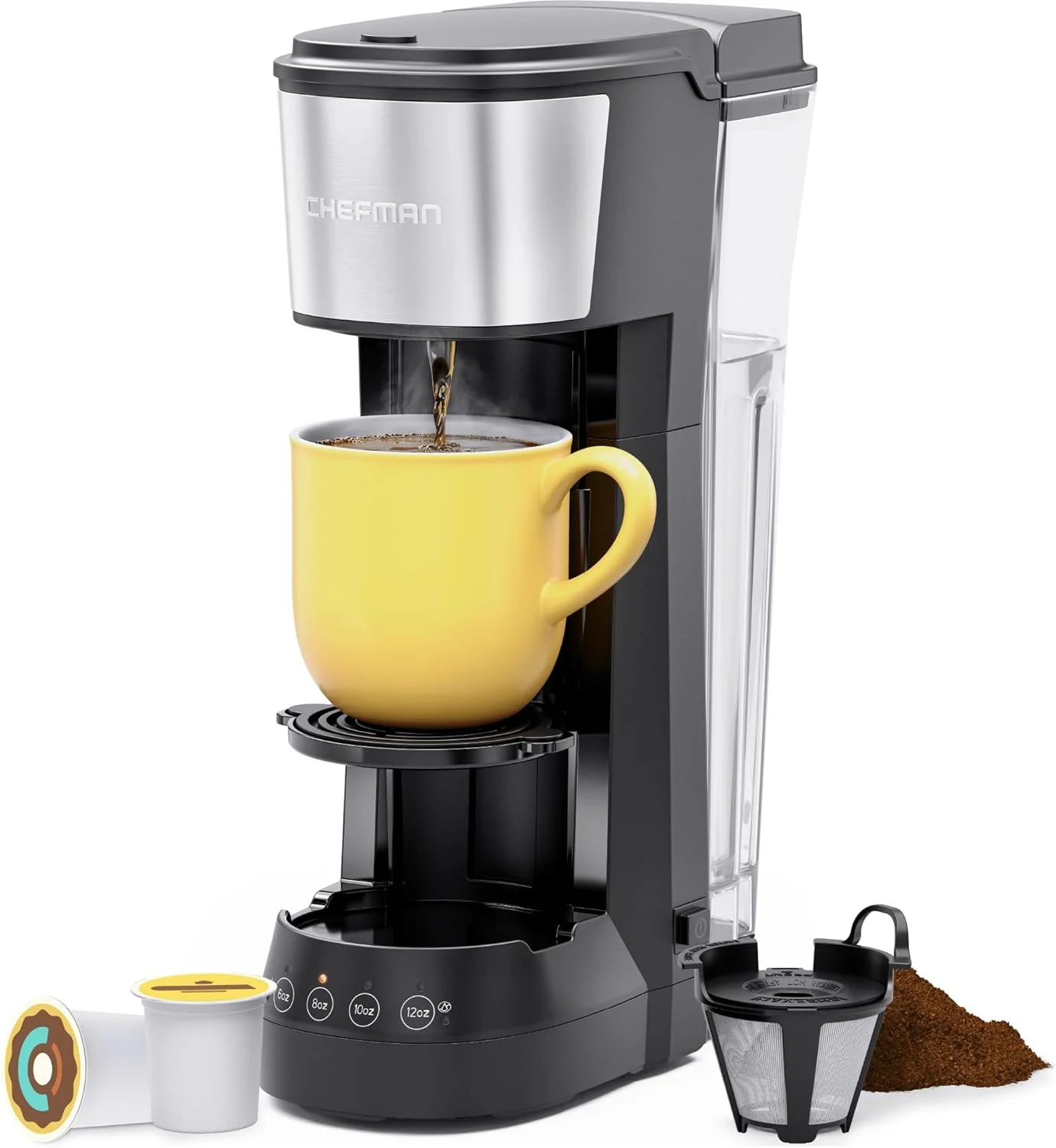 Chefman InstaCoffee Max Single Serve Coffee Maker w/ Cup Lift, Reusable Filter, K Cup Compatible – Black, New