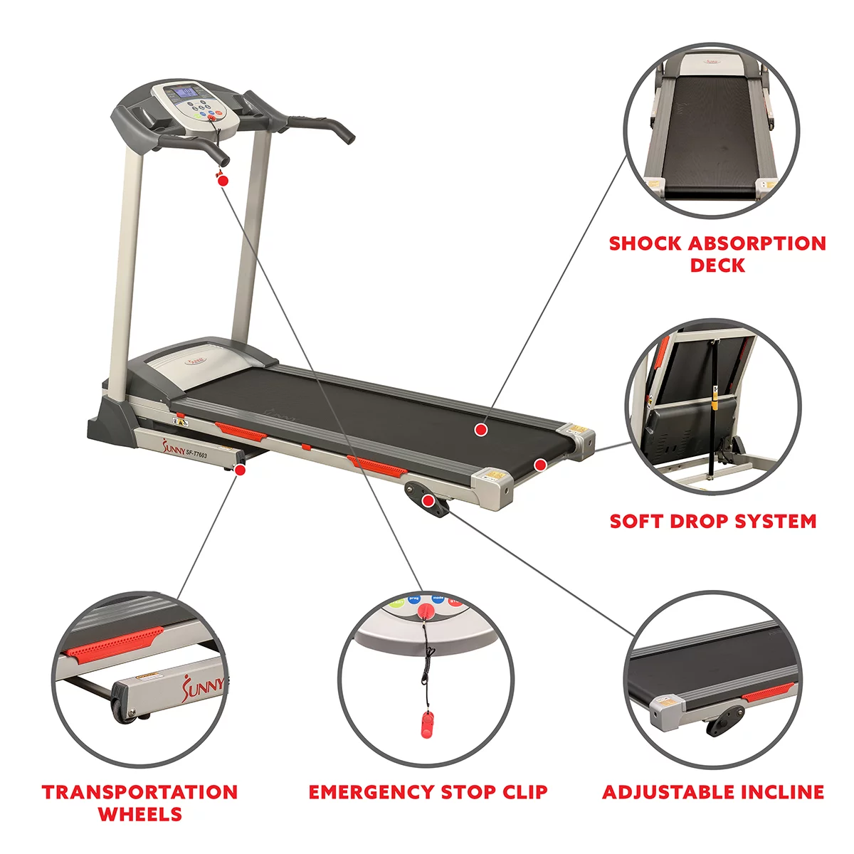 Sunny Health & Fitness Powerful Electric Treadmill for Home, Foldable, Manual Incline, Built-In Programs, Pulse Sensor, SF-T7603