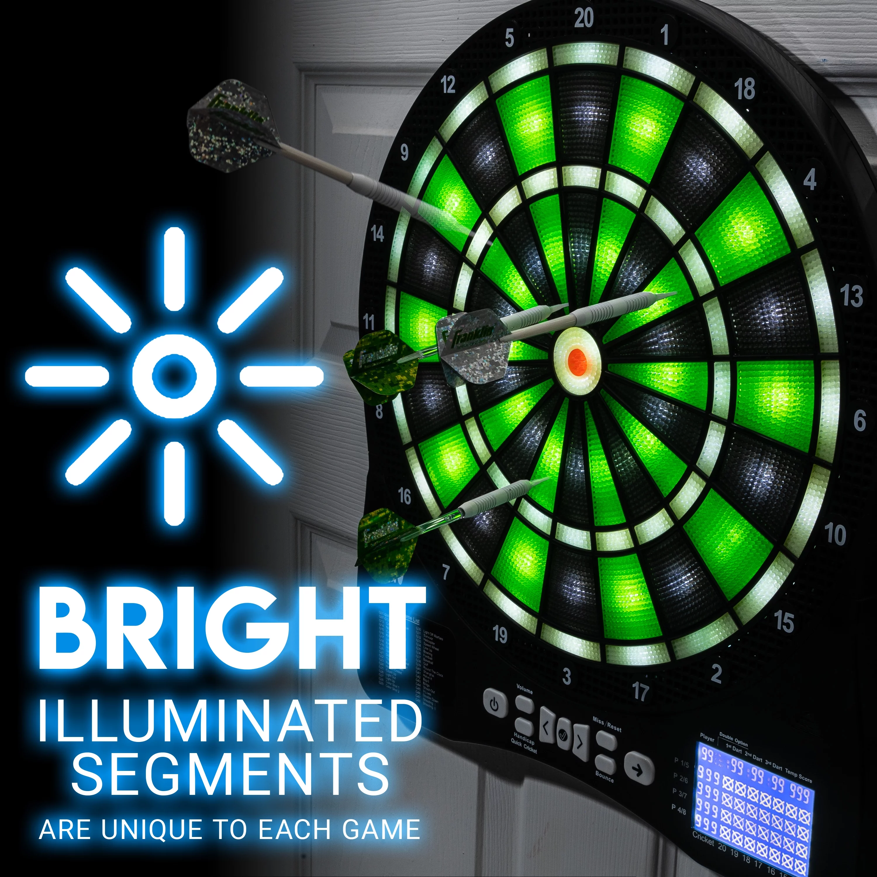 Franklin Sports Light Up Electronic Dart Board Set – LED Soft Tip Electric Dartboard with Digital Scoreboard – Adults + Kids Set – (6) Darts Included