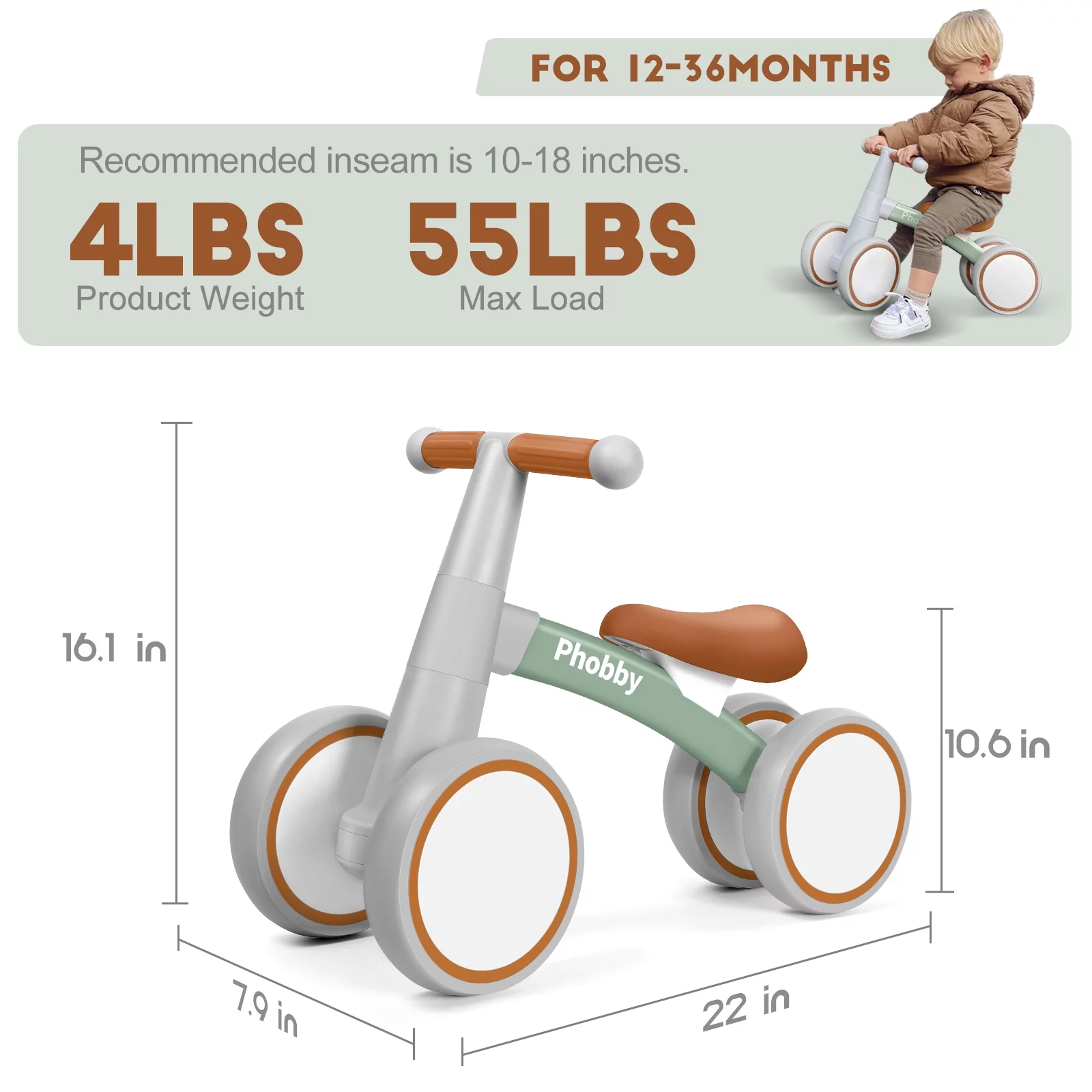 Phobby Baby Balance Bike, 16″ Lightweight Bike with Adjustable Seat (Green)