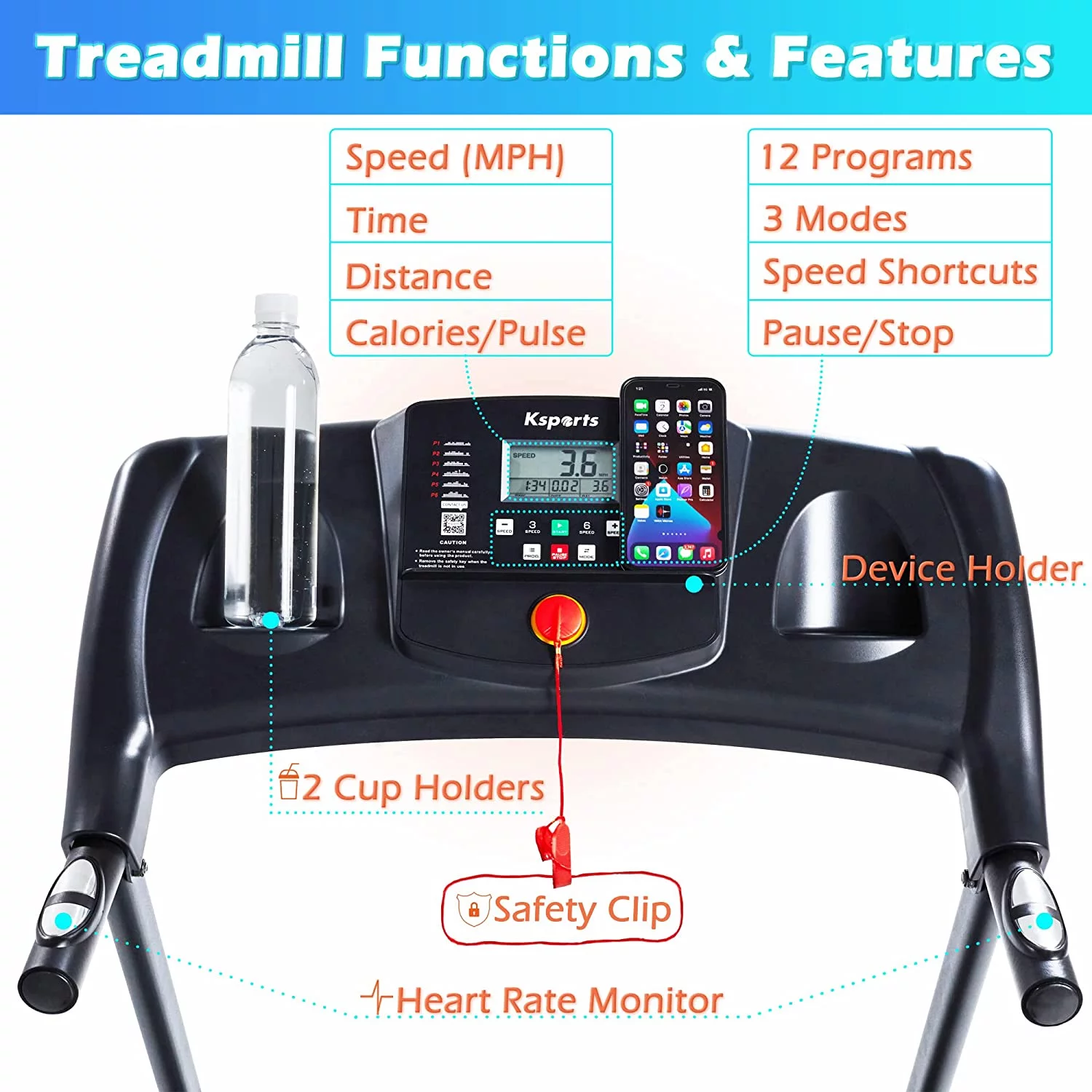 Ksports Multi Function Treadmill with 4 levels of Inclines, Sit Ups Strap & Ab Mat, Running Machine with Bluetooth Smart App