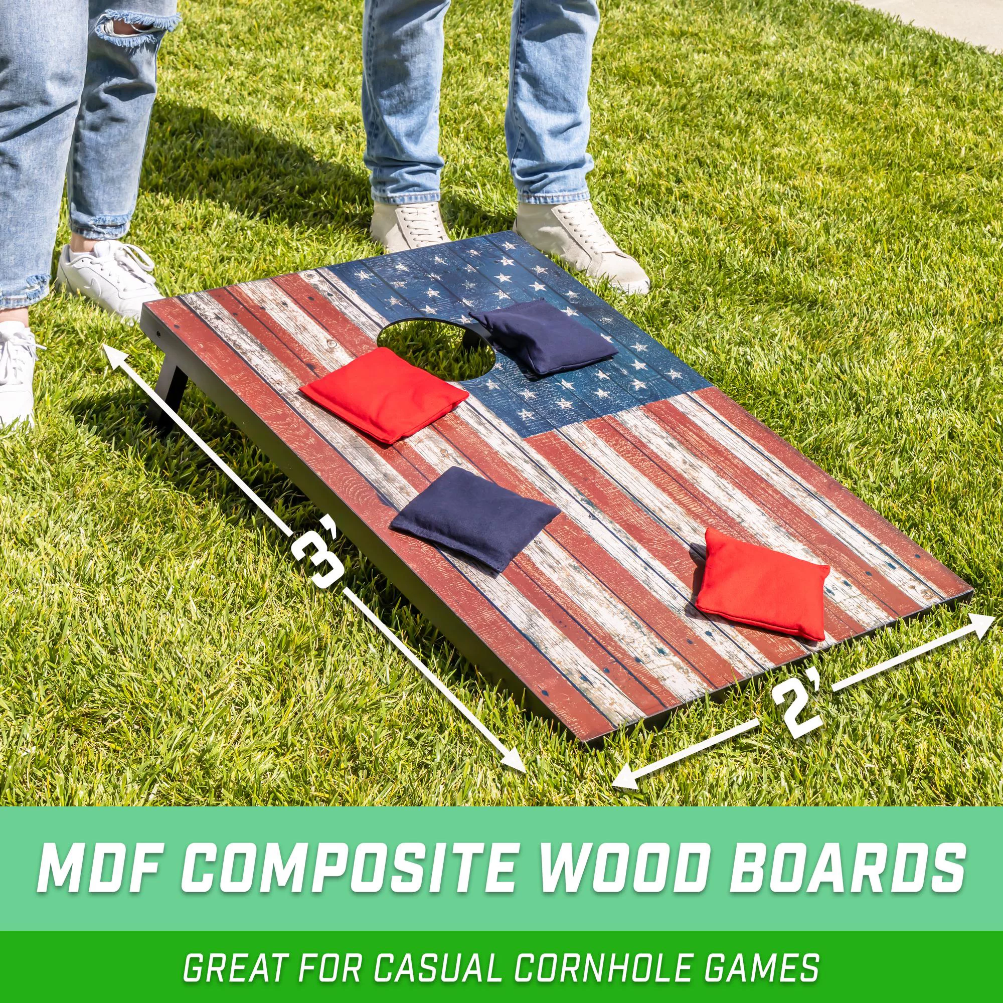 GoSports American Flag Cornhole Set with Wood Plank Design – Includes Two 3′ x 2′ Boards, 8 Bean Bags, Carrying Case and Game Rules