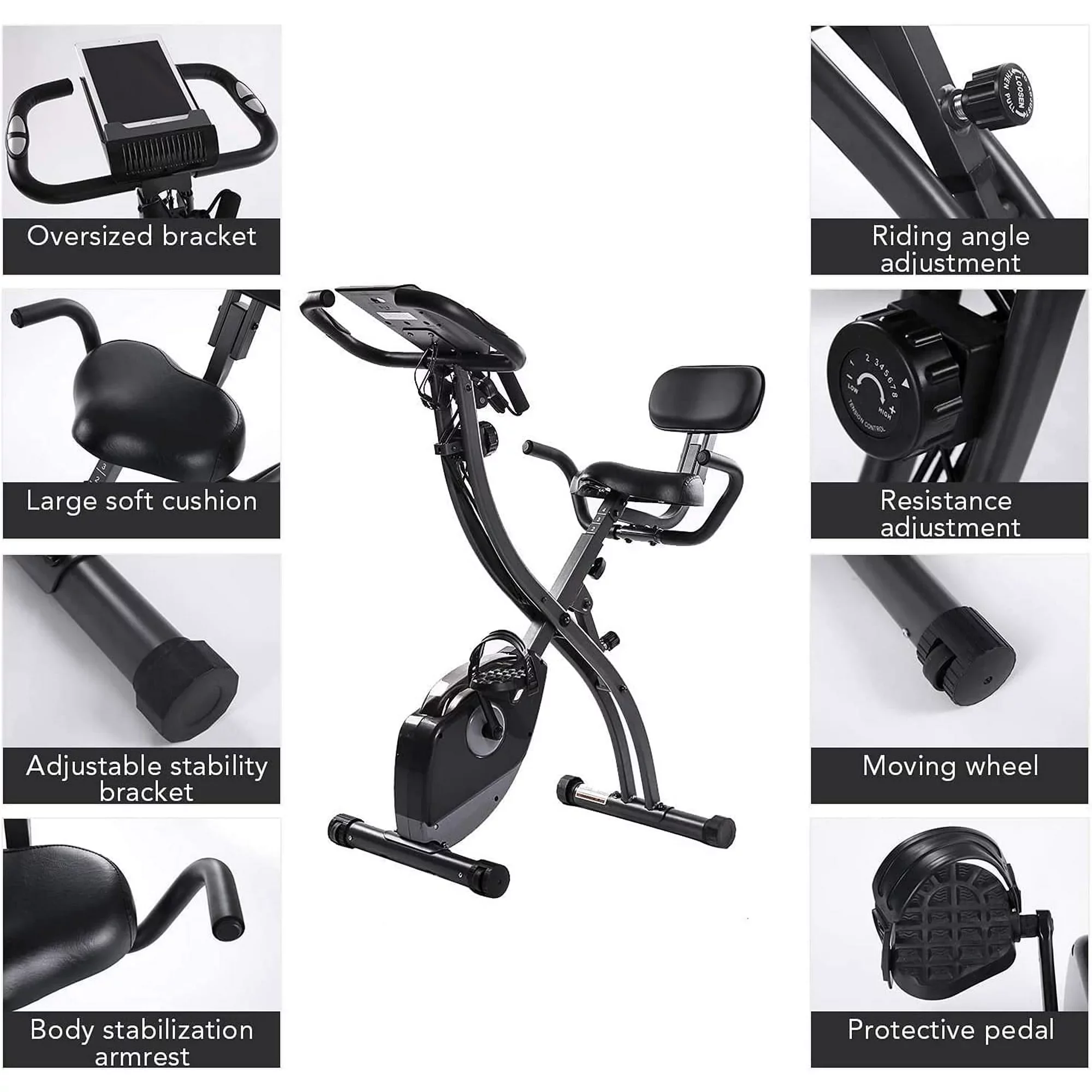 Folding Exercise Bike Stationary Recumbent 3-in-1 Exercise Bike Portable Magnetic with Adjustable Arm Resistance Bands and LCD Monitor and Pulse Grip for Home Use