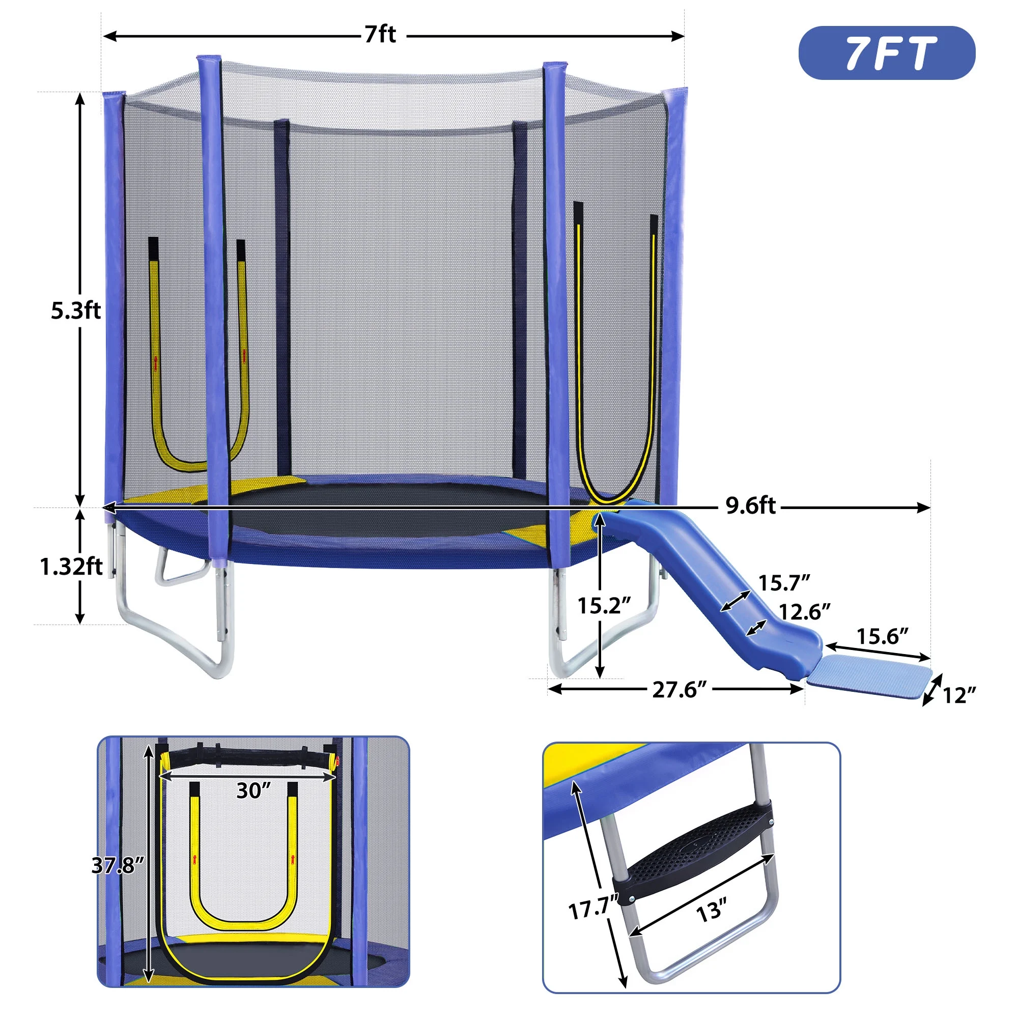 Kadyn 7FT Jumping Toddler Trampoline with Slide and Ladder, Kids Outdoor Trampoline with Safety Enclosure Net, Purple