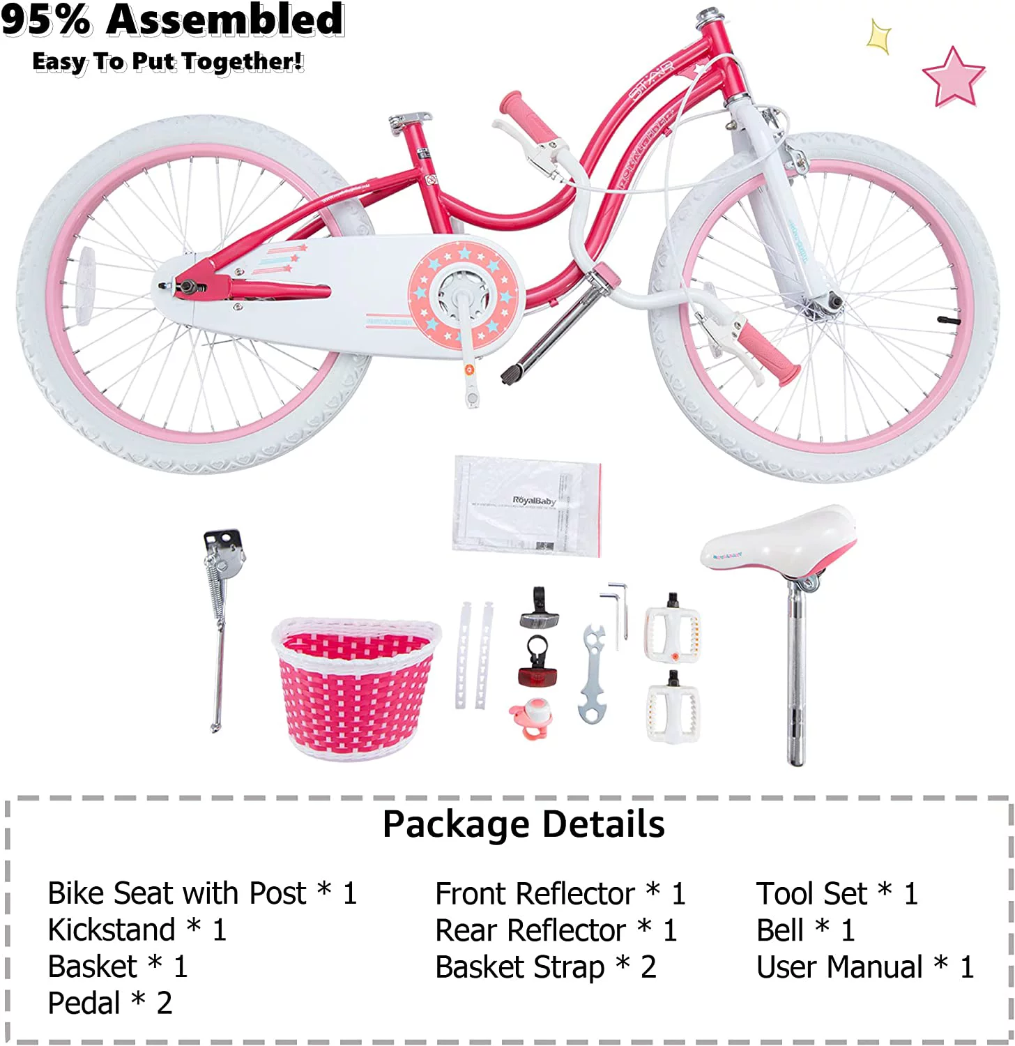 RoyalBaby Stargirl Kids Bike 20 Inch Girls Bicycle for Children with Kickstand Basket Pink