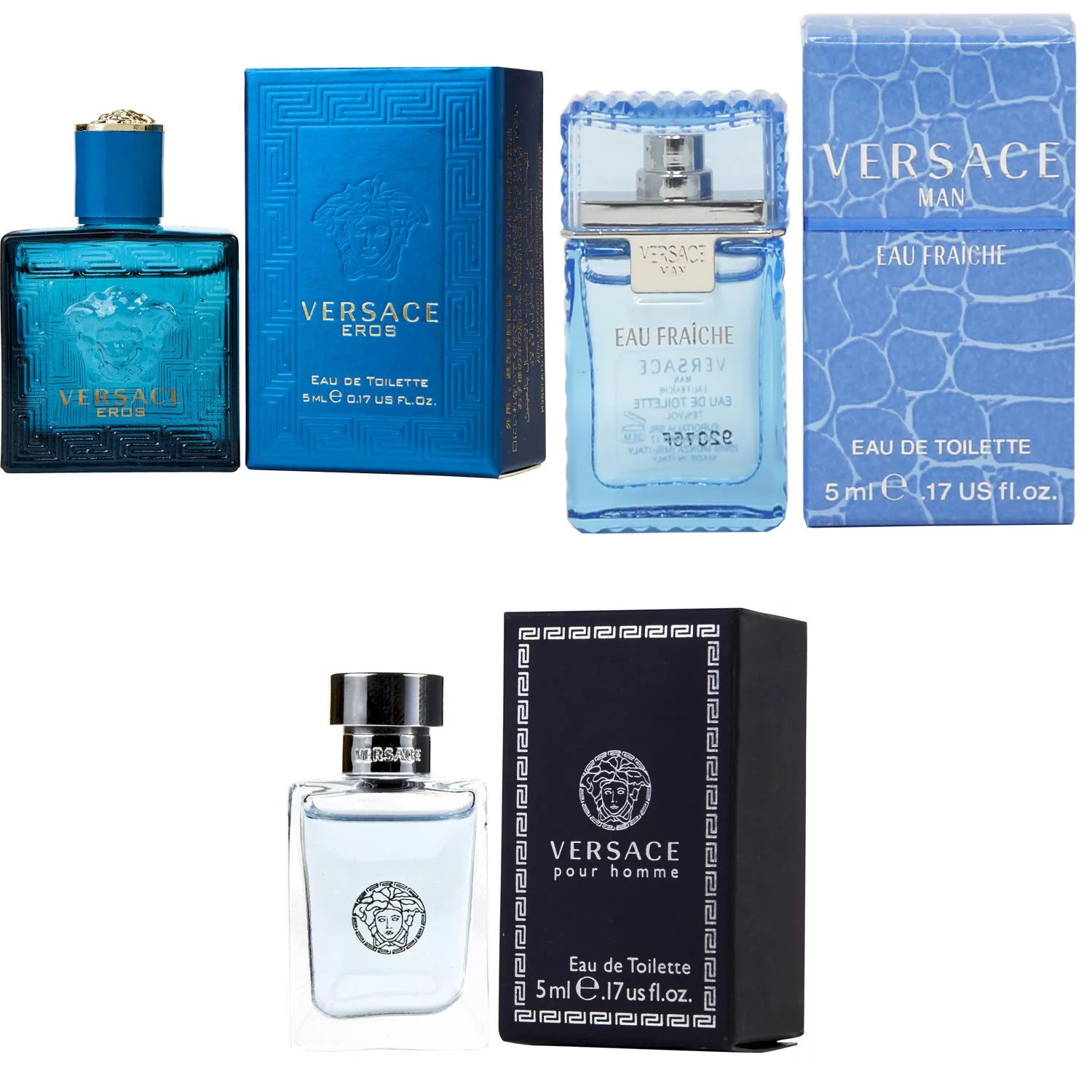 Versace Eros Men EDT, Man Eau Fraiche EDT, Pour Homme EDT – 5ml Mini Splash Bottle 3PK Kit