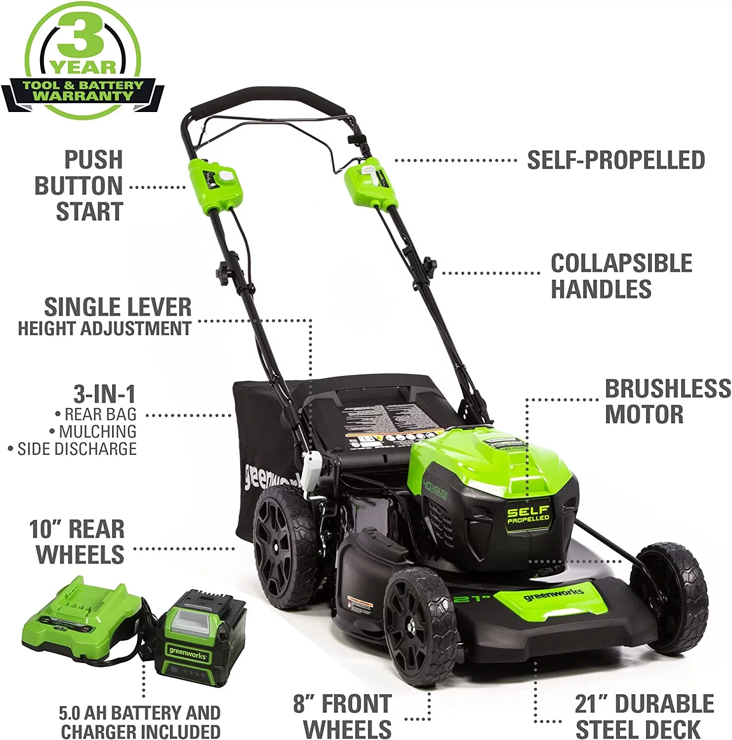 Greenworks 21″ 40V Self-Propelled Lawn Mower with 5.0 Ah Battery & Charger 2516402