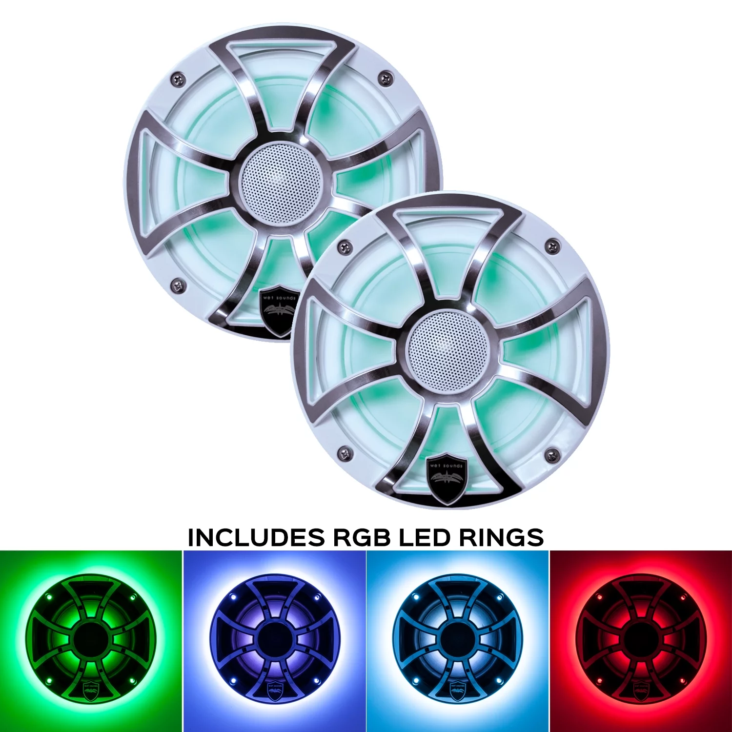 Wet Sounds REVO 6-XSW-SS White XS / Stainless Grill 6.5 Inch Marine LED Coaxial Speakers with RGB LED Speaker Rings