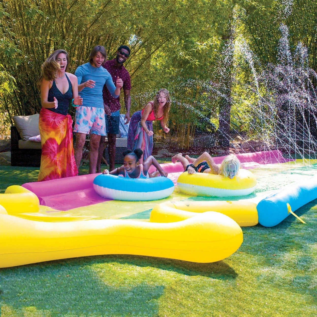 WOW Sports 40′ x 8′ Rainbow Star Super Slide with 2 Inflatable Sleds (21-2520-WOW)