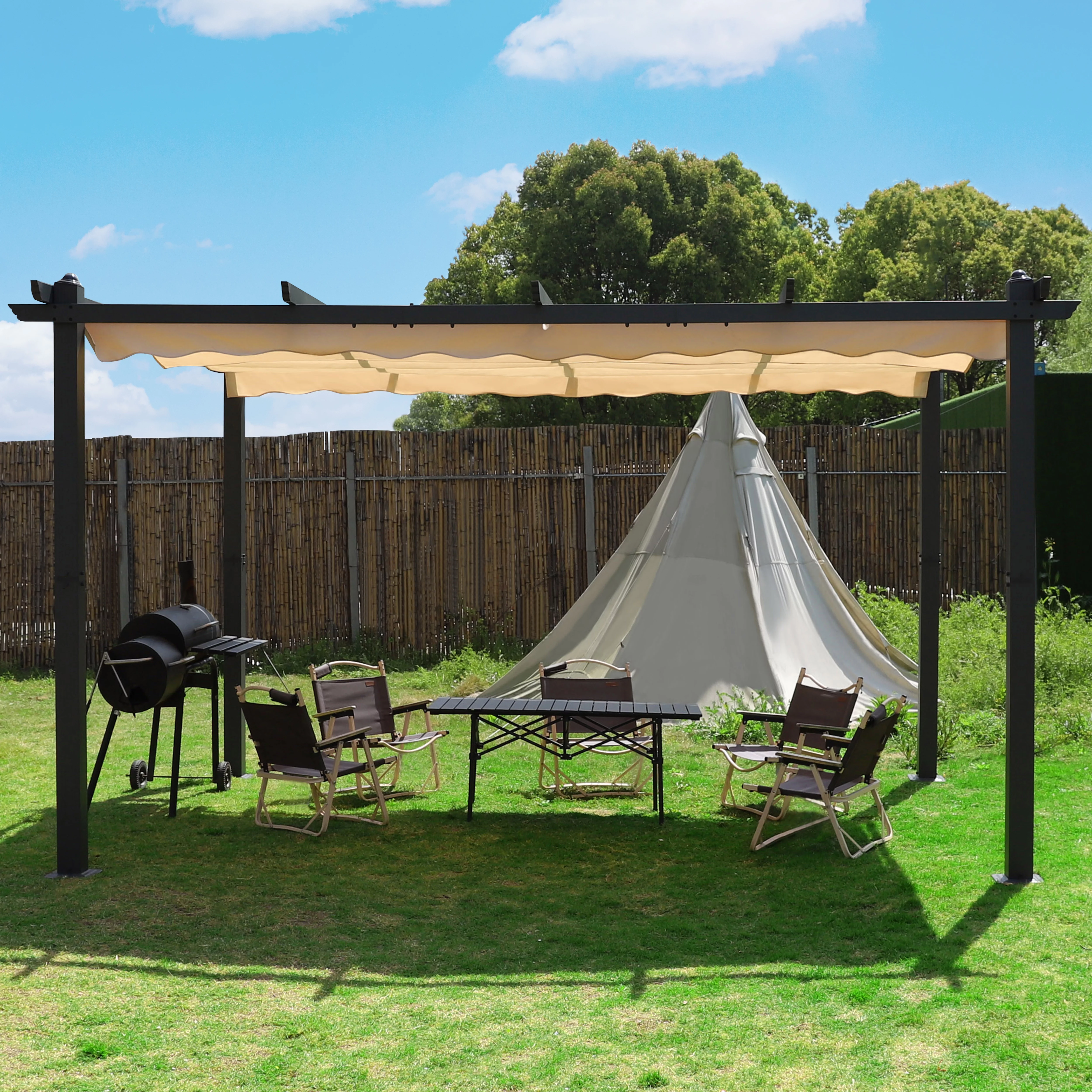 VEIKOUS 10′ x 10′ Outdoor Metal Pergola, Aluminum Gazebo w/Retractable Canopy for Patio, Gray