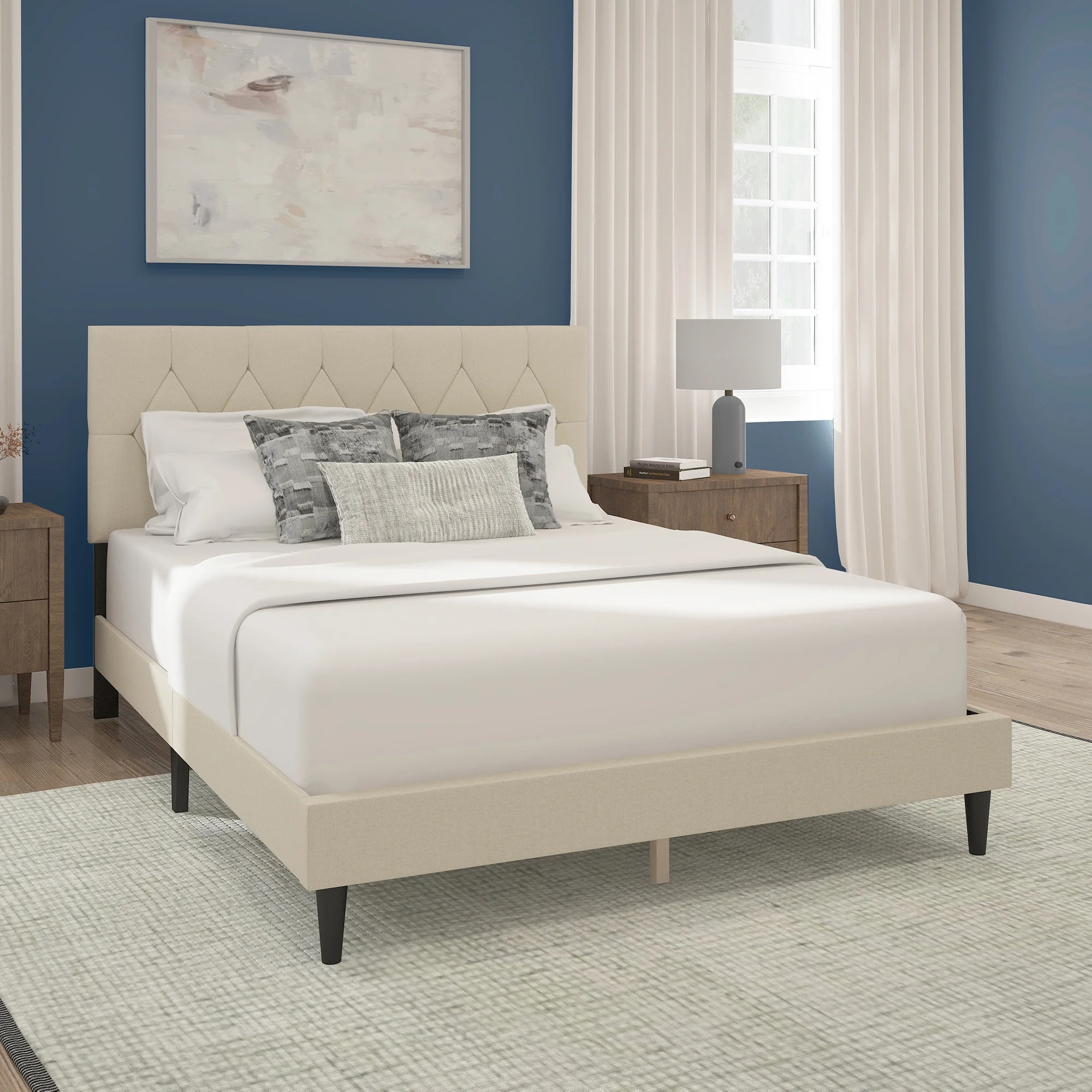 Mainstays Hillside Diamond Tufted Upholstered Queen Platform Bed, Gray