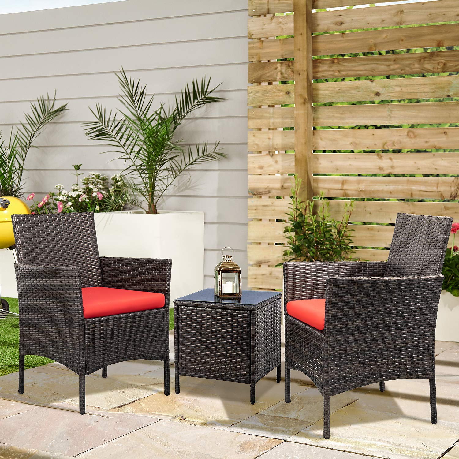 Lacoo 3 Pieces Outdoor Patio Furniture PE Rattan Wicker Table and Chairs Set Bar Set with Cushioned Tempered Glass, Brown/Beige, 2