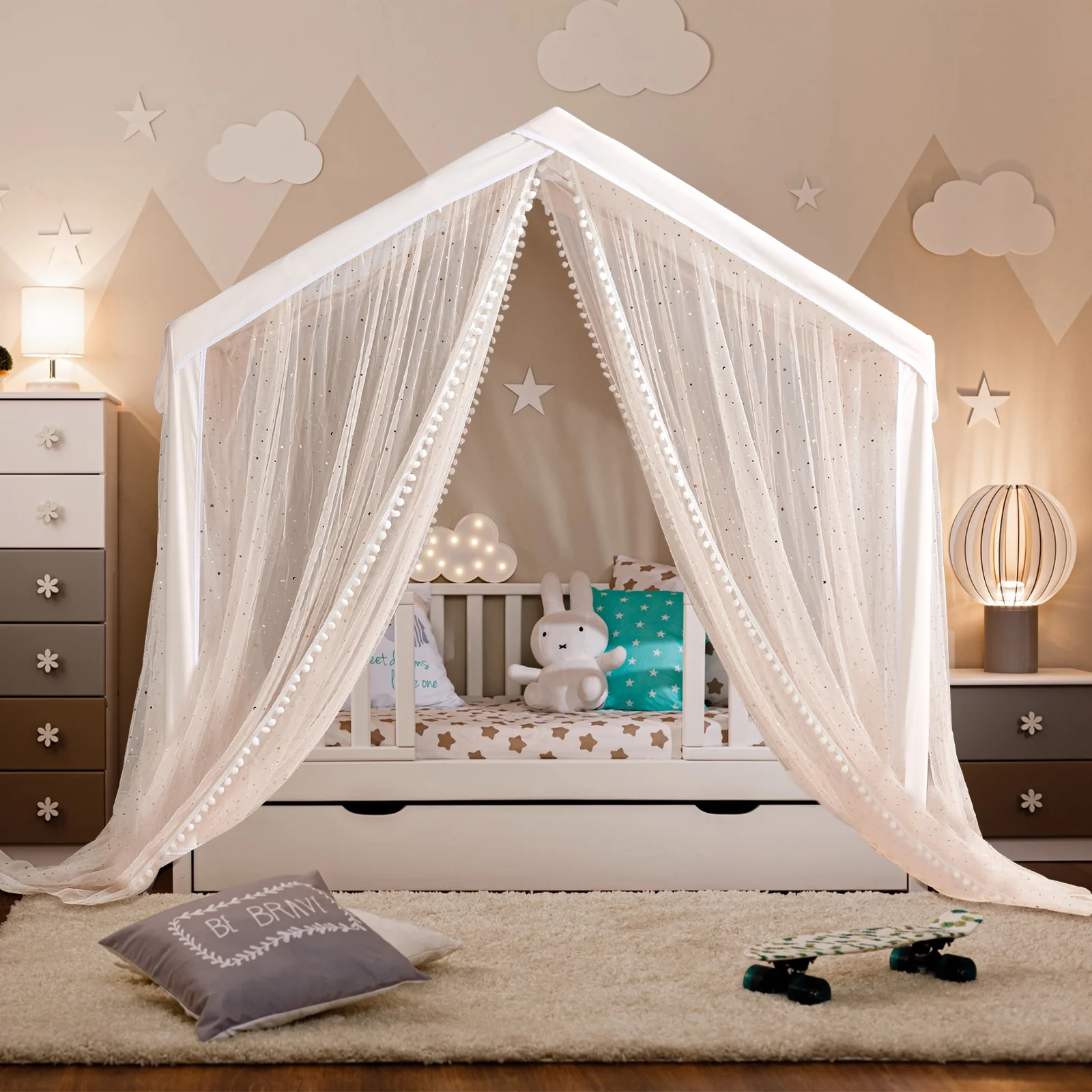 Play Tent for Kids, Breathable Playhouse for Toddler, Large Kids House Tent Indoor & Outdoor, Castle Tent for Girls Decorated Sequin Sparkle Stars, Boho Decor