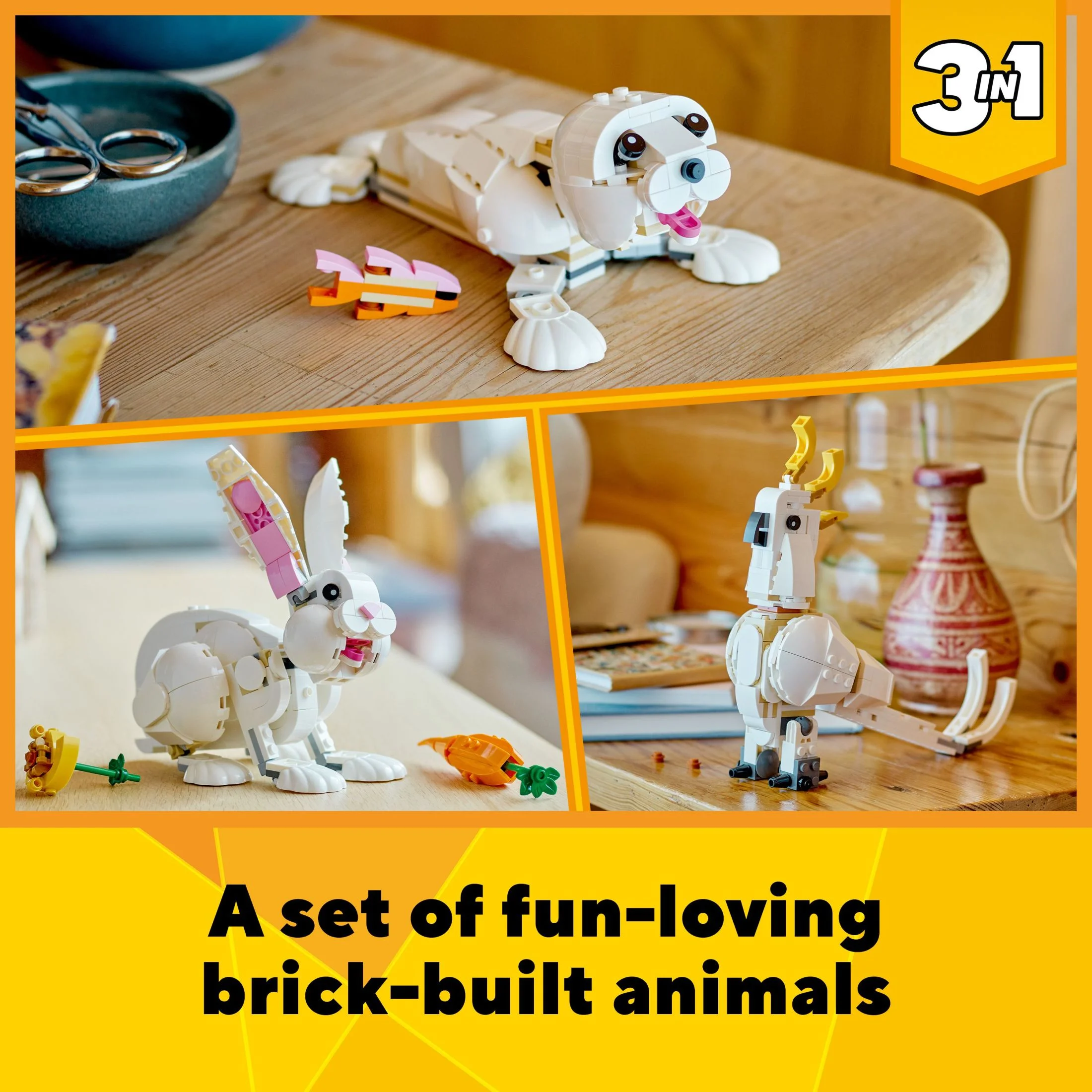 LEGO Creator 3 in 1 White Rabbit Animal Toy Building Set, STEM Toy for Kids 8+, Transforms from Bunny to Seal to Parrot Figures, Creative Play Building Toy for Boys and Girls, 31133