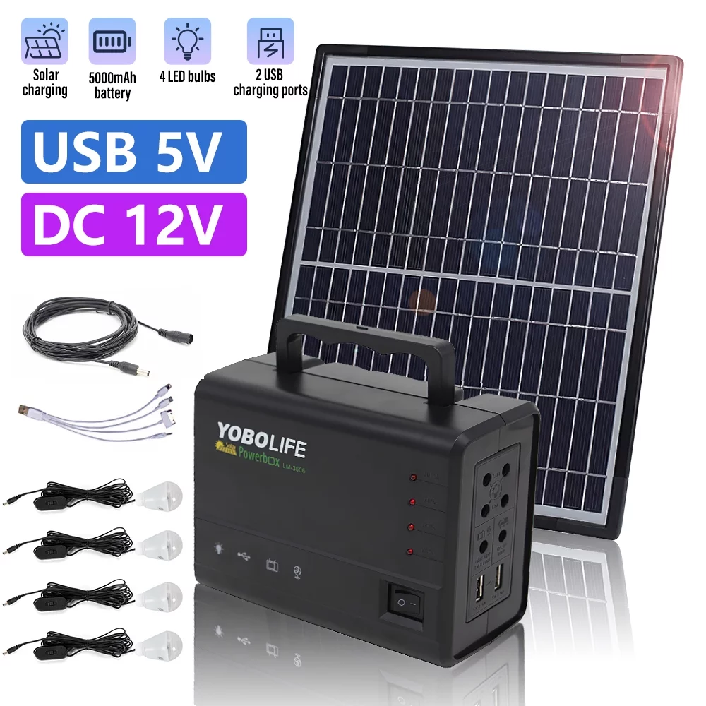 Solar Panel Power Generator Kit, DFITO Portable Battery Pack Power Station with 4 Bulbs, 5A Portable Power Bank for Camping Outdoor Rv Emergency