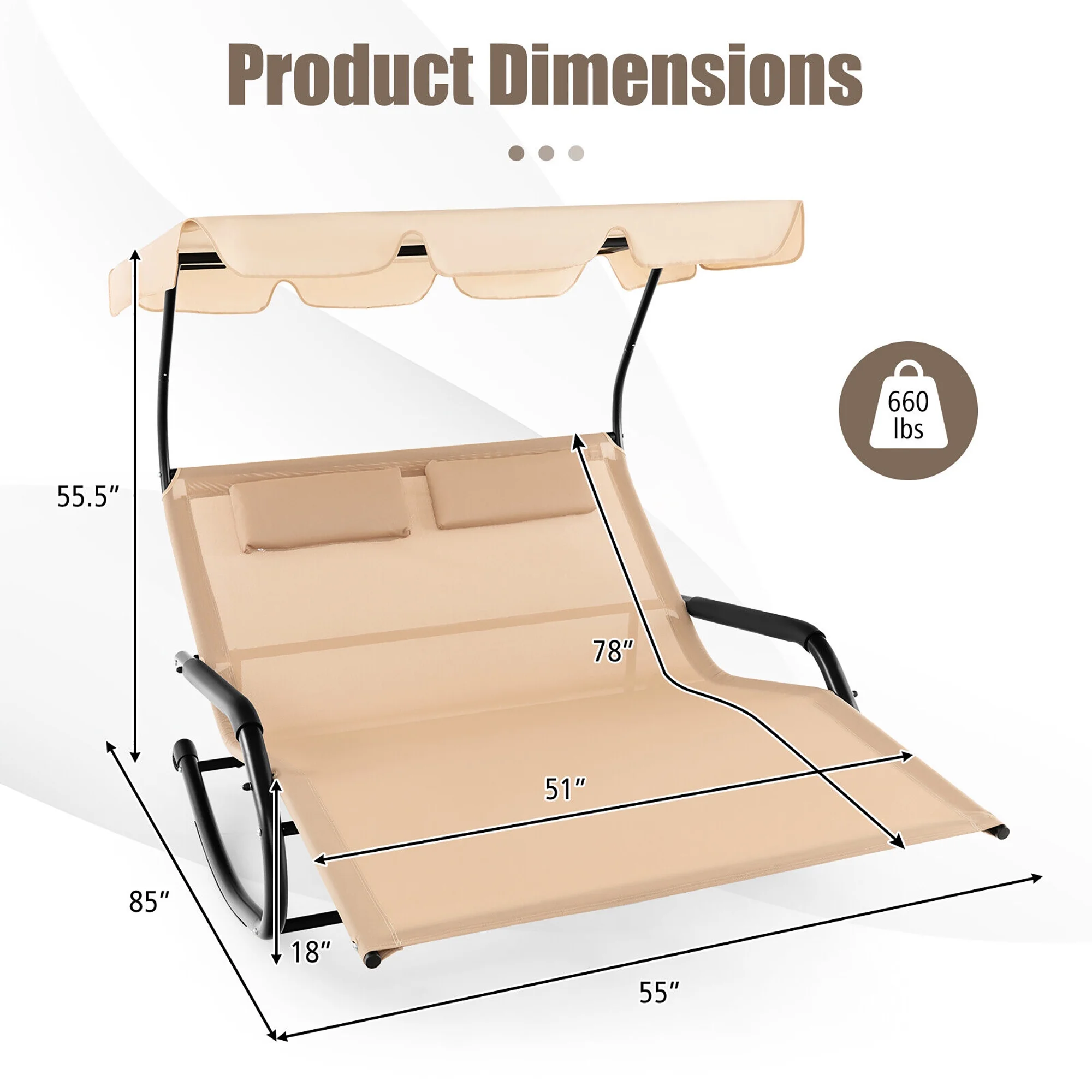 Gymax Outdoor 2-Person Double Rocking Chaise Lounge w/ Canopy & Wheels Metal Frame