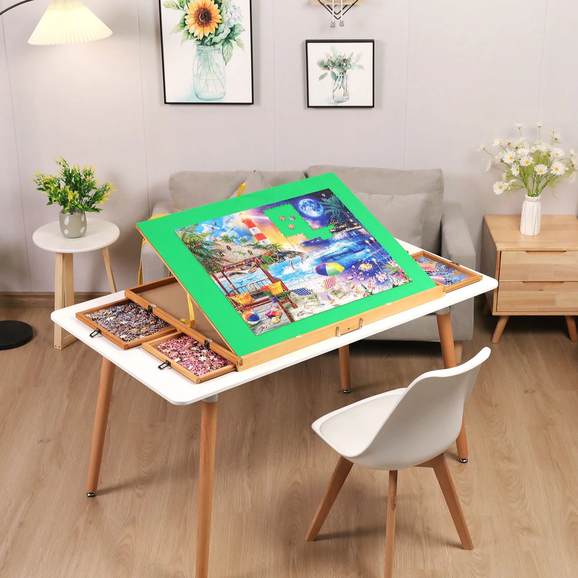 Jigsaw Puzzle Table with 4 Drawers, 1500pcs Portable Puzzle Board with Wooden Puzzle Cover, 3 Angles Tilting Puzzle Table for Adults