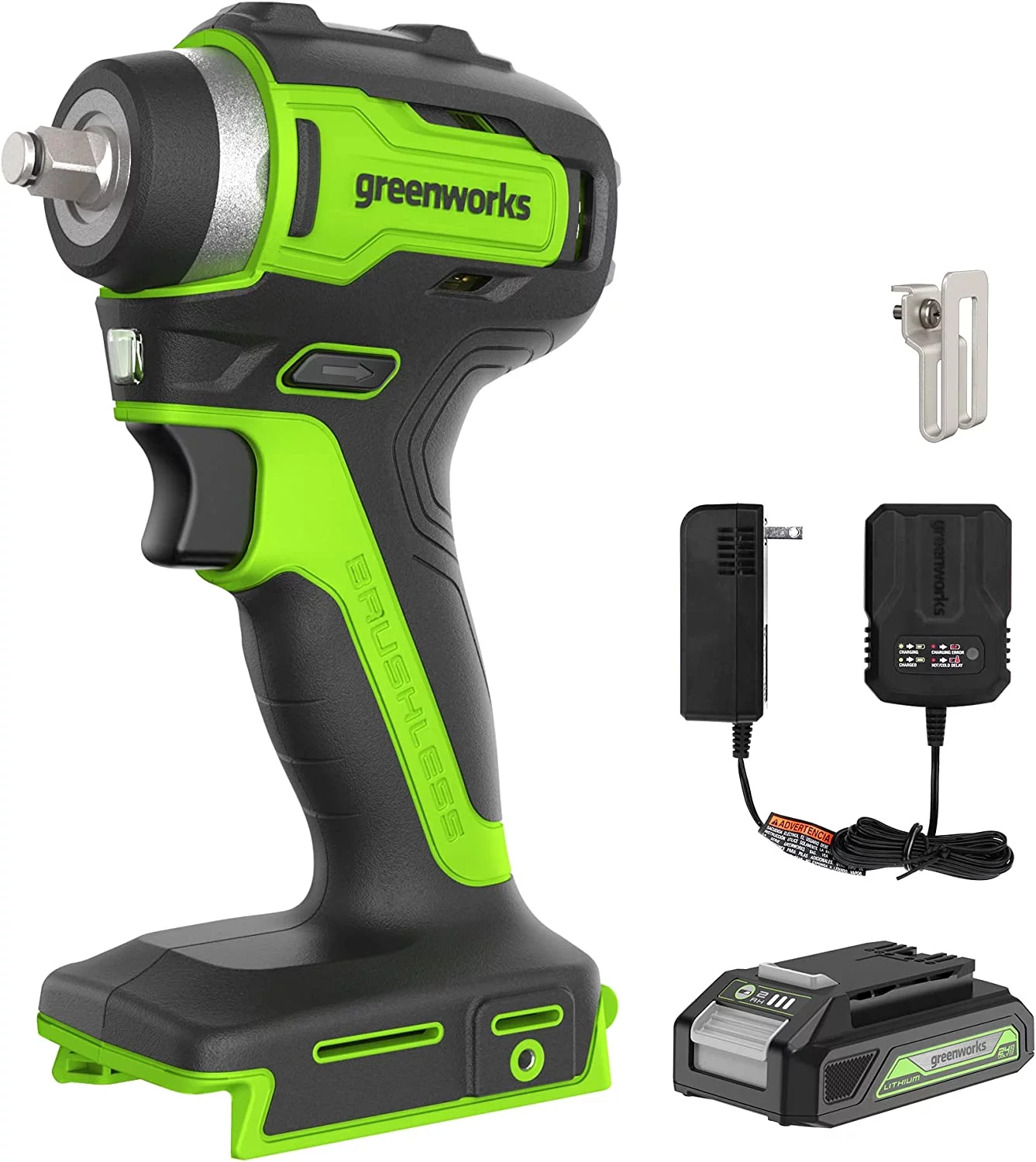 Greenworks 24V Brushless 3/8″ Cordless Impact Wrench, 2.0Ah Battery and Compact Charger