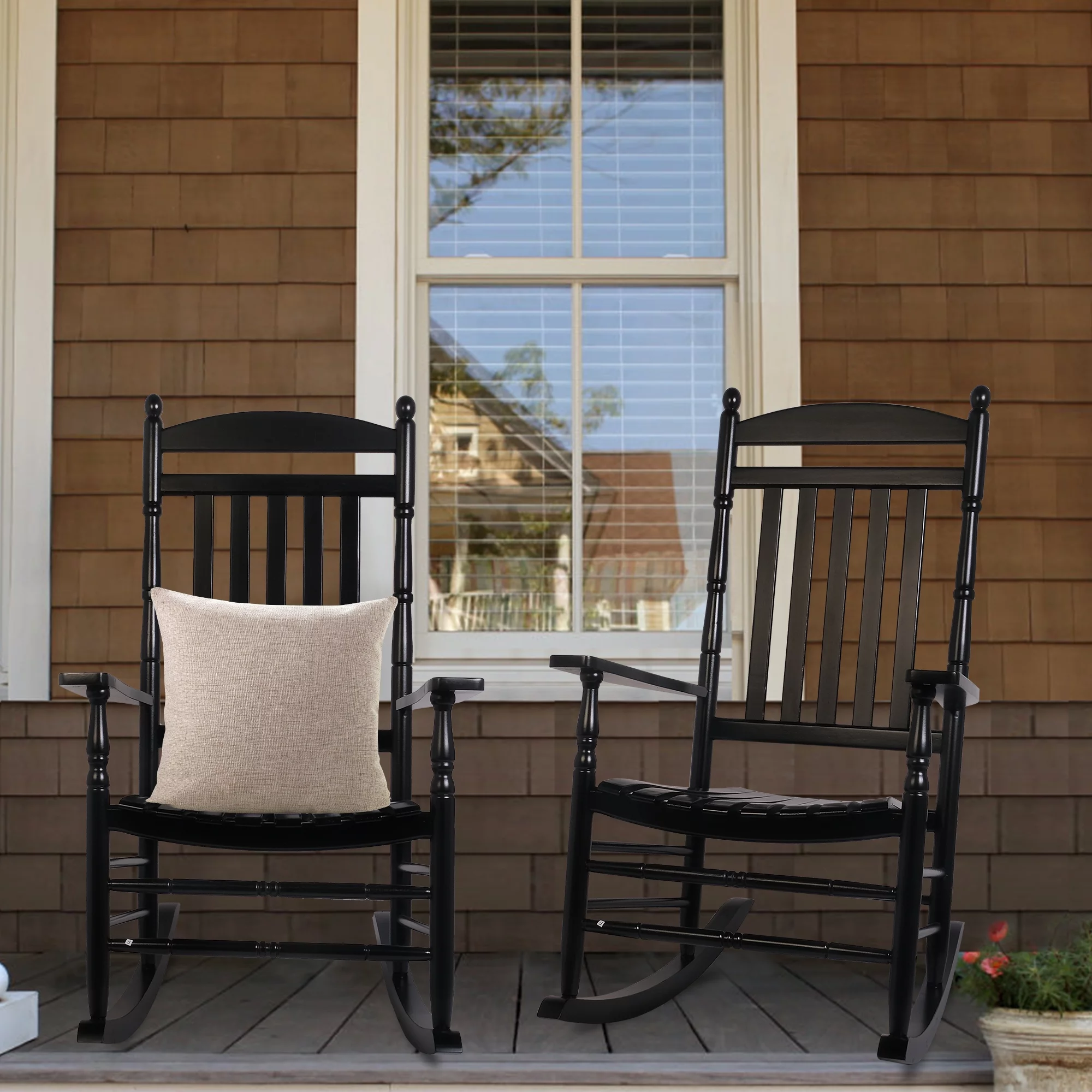 Set of 2 Outdoor Wood Rocking Chairs,All-Weather Oversized Patio Rocker Chair High Back Rocker for Porch, Garden, Balcony and Backyard,Black