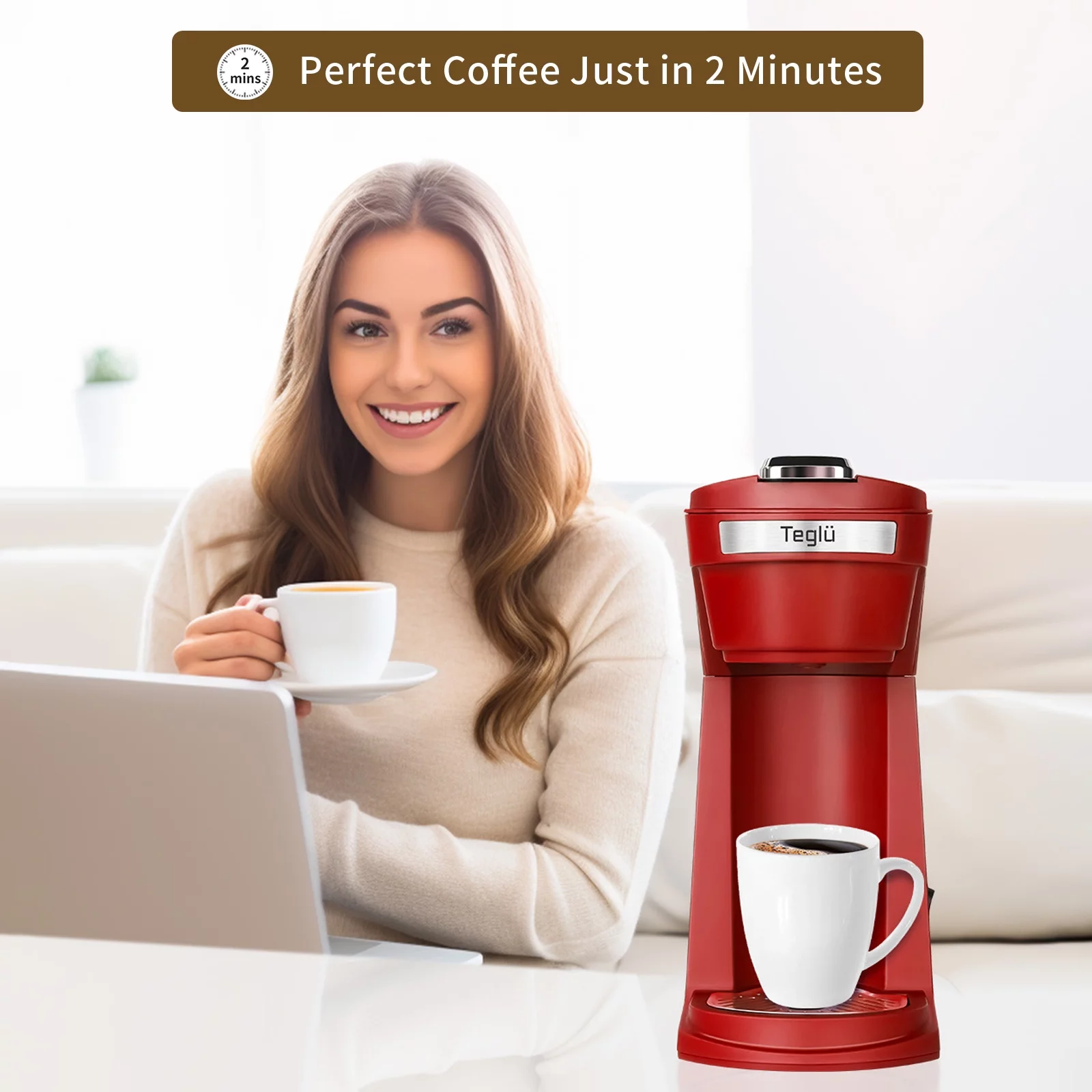 2 in 1 Single Serve Coffee Maker for K Cup Pods & Ground Coffee, Mini K Cup Coffee Machine with 6 to 14 oz Brew Sizes, Single Cup Coffee Brewer with One-Press Fast Brewing, Reusable Filters,Red