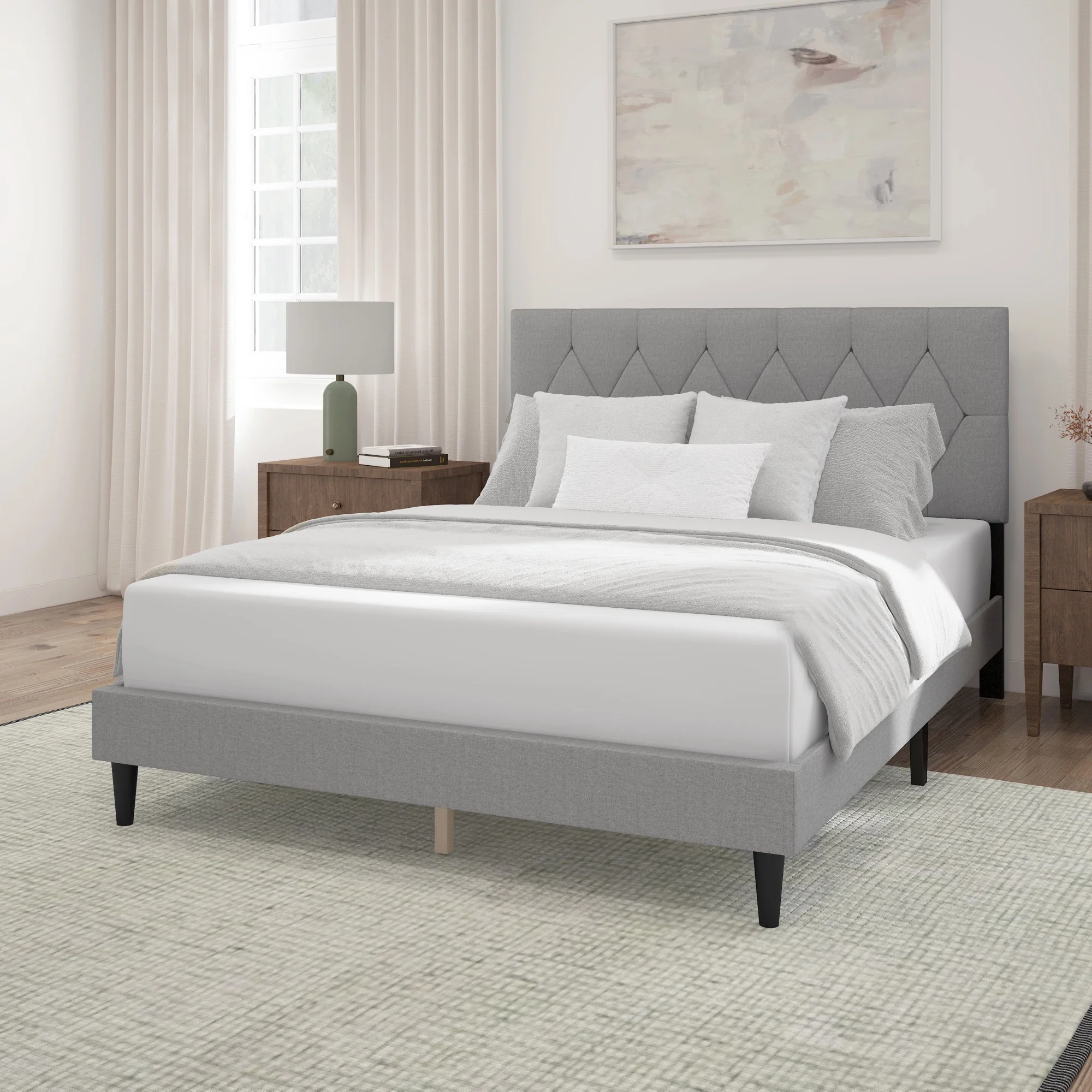 Mainstays Hillside Diamond Tufted Upholstered Queen Platform Bed, Gray