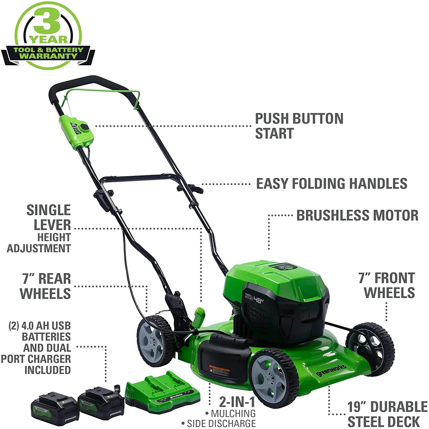 Greenworks 2 x 24V (48V) 19″ Brushless Push Lawn Mower, 2 x 4.0Ah USB Batteries and Dual Port Rapid Charger Included