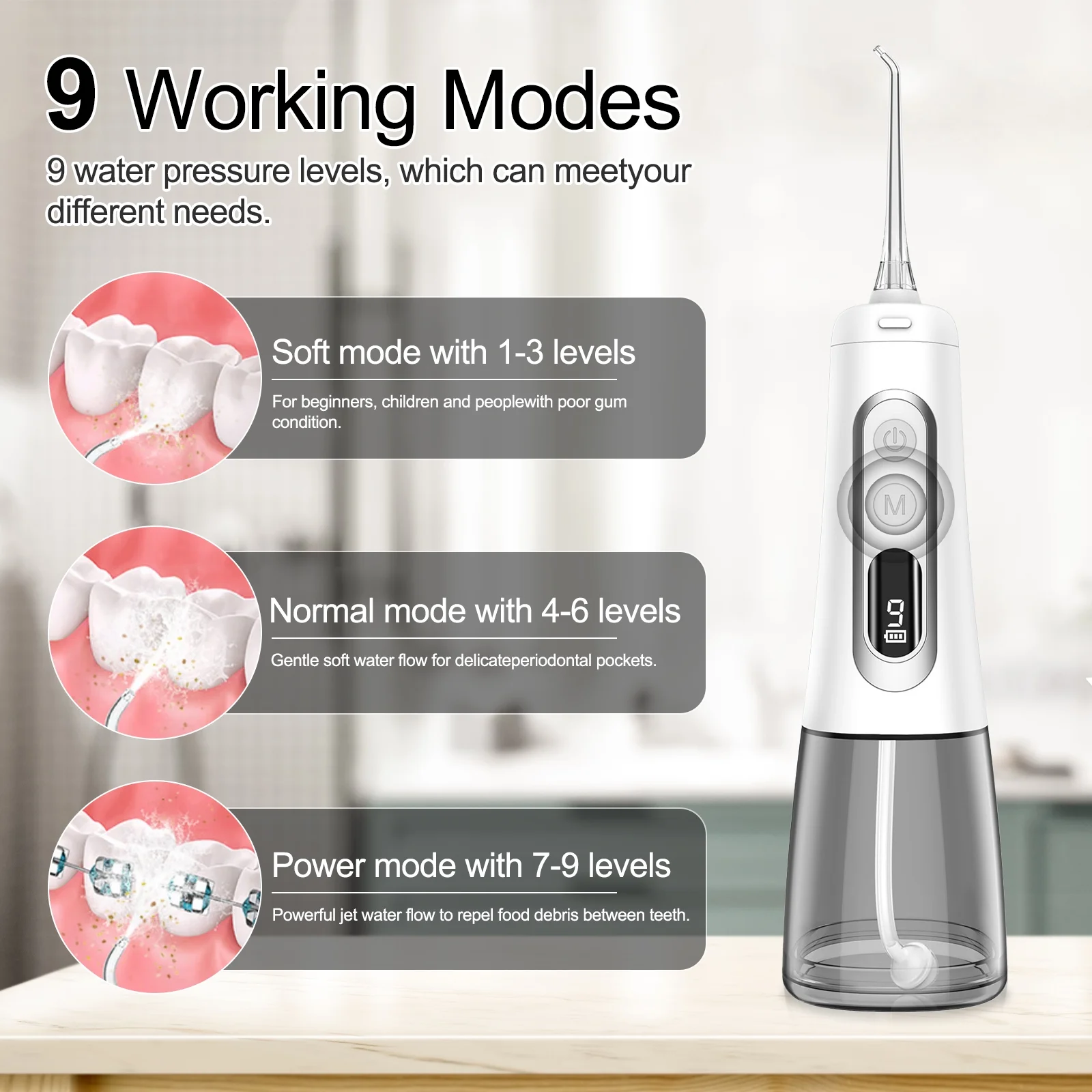 Jungle Wave Cordless Water Flosser, 300ML Large Water Tank Water Dental Flosser with LED Display,9 Modes 5 Jet Tips, IPX7 Waterproof, suitable for Home &Travel Use??White??