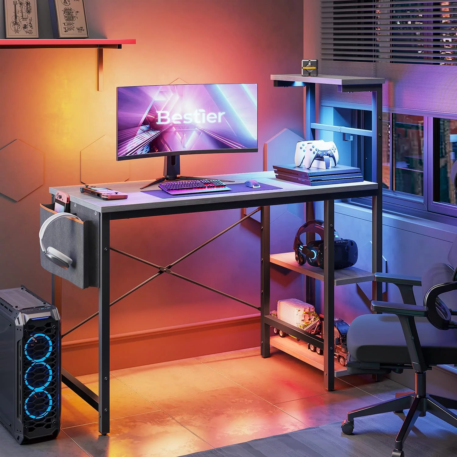 Bestier Reversible 44 inch Computer Desk with LED Lights Gaming Desk , 4 Tier Shelves Carbon Fiber