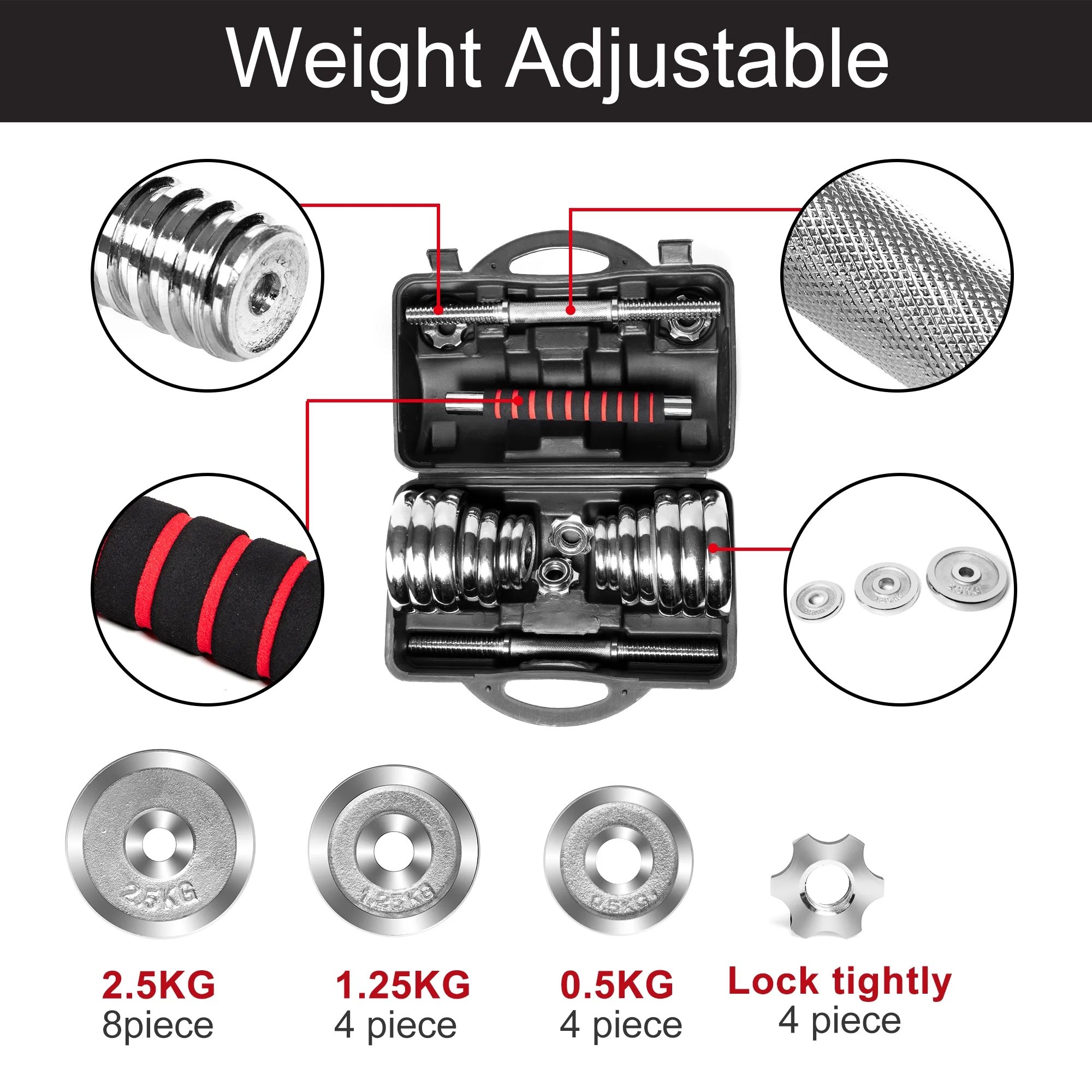 30KG/66LB Adjustable Dumbbell Set Dumbbell Bars Dumbbell Connector Weightlifting Fitness Equipment for Building Body