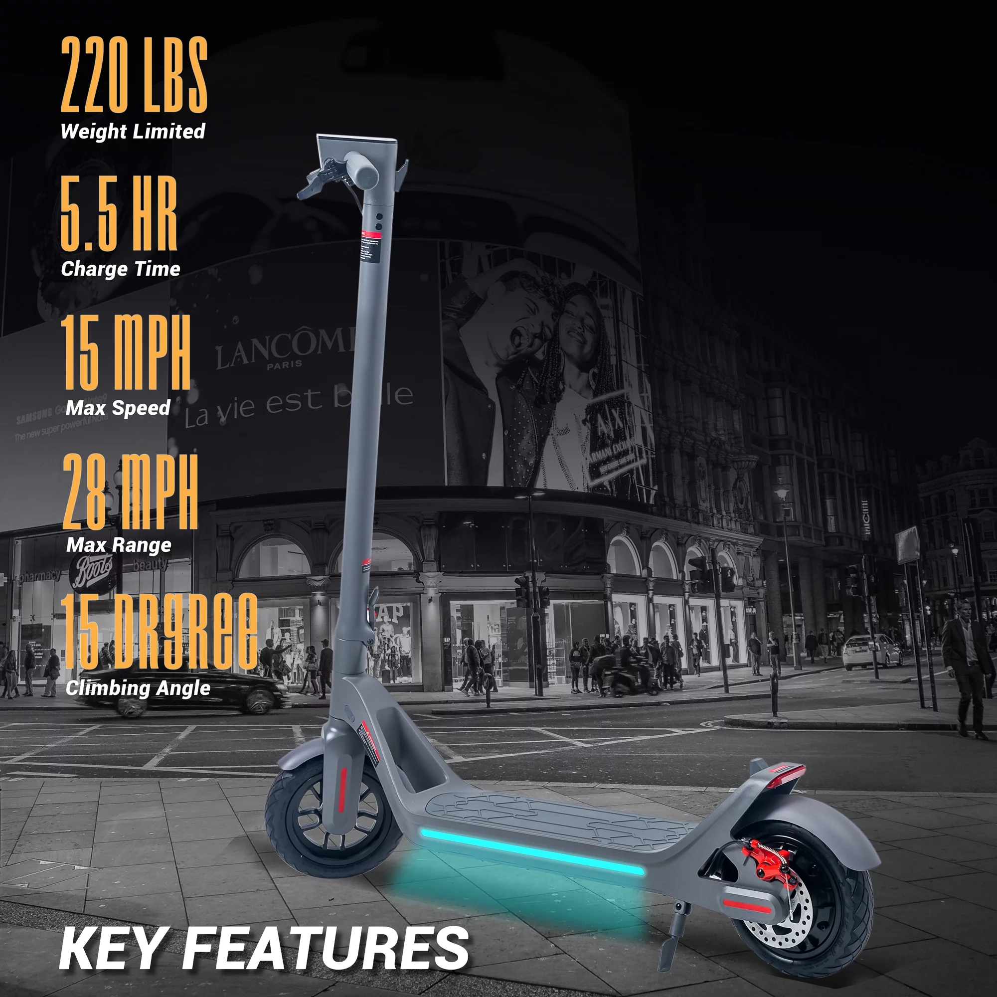 Electric Scooter for Adults and Kids Quick Folding IPX5 15.5 mph Max Speed 28 Miles Long-Range Battery with 350W Motor E-Scooter for Commuter (Gray)