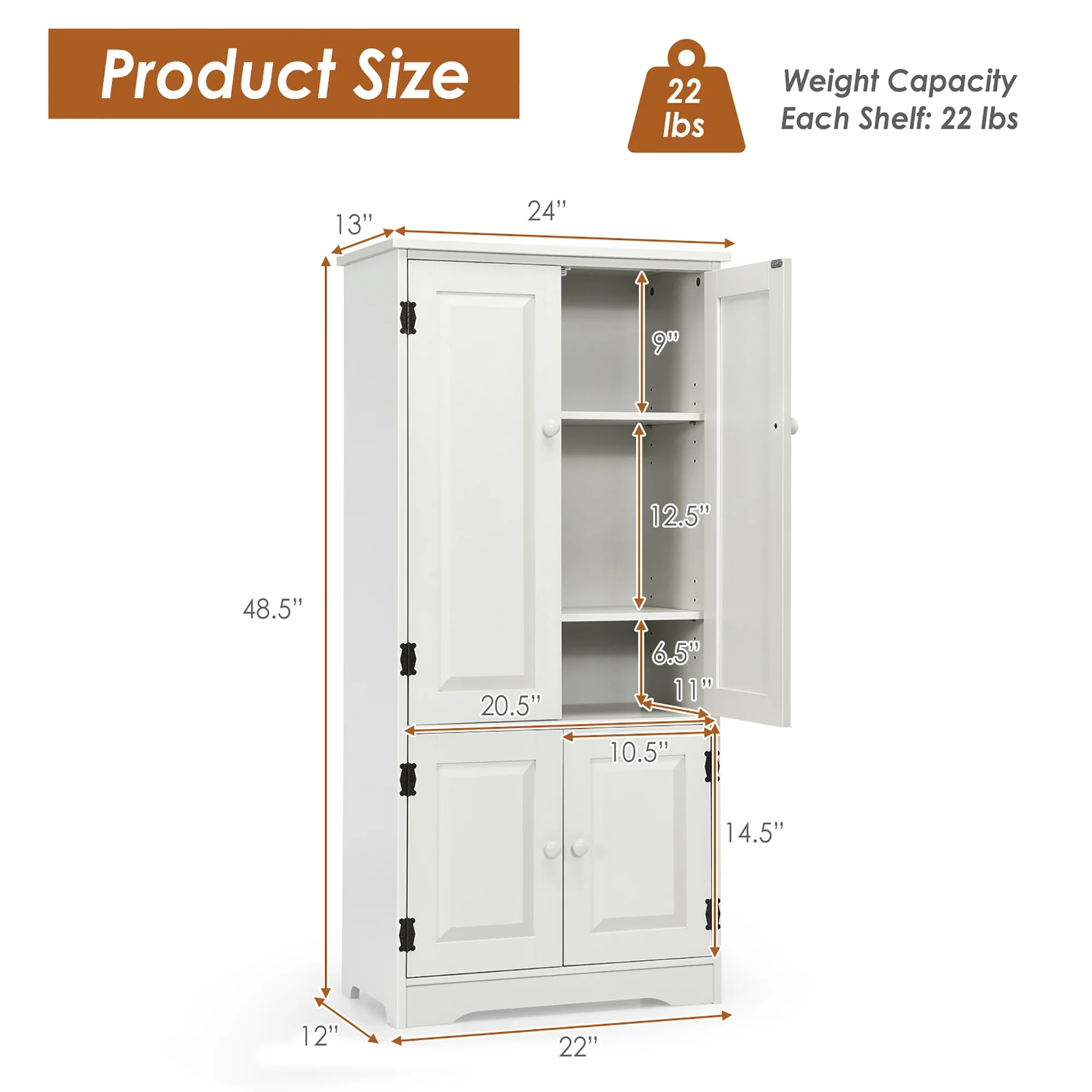 Costway Accent Floor Storage Cabinet W/ Adjustable Shelves Antique 2-Door White