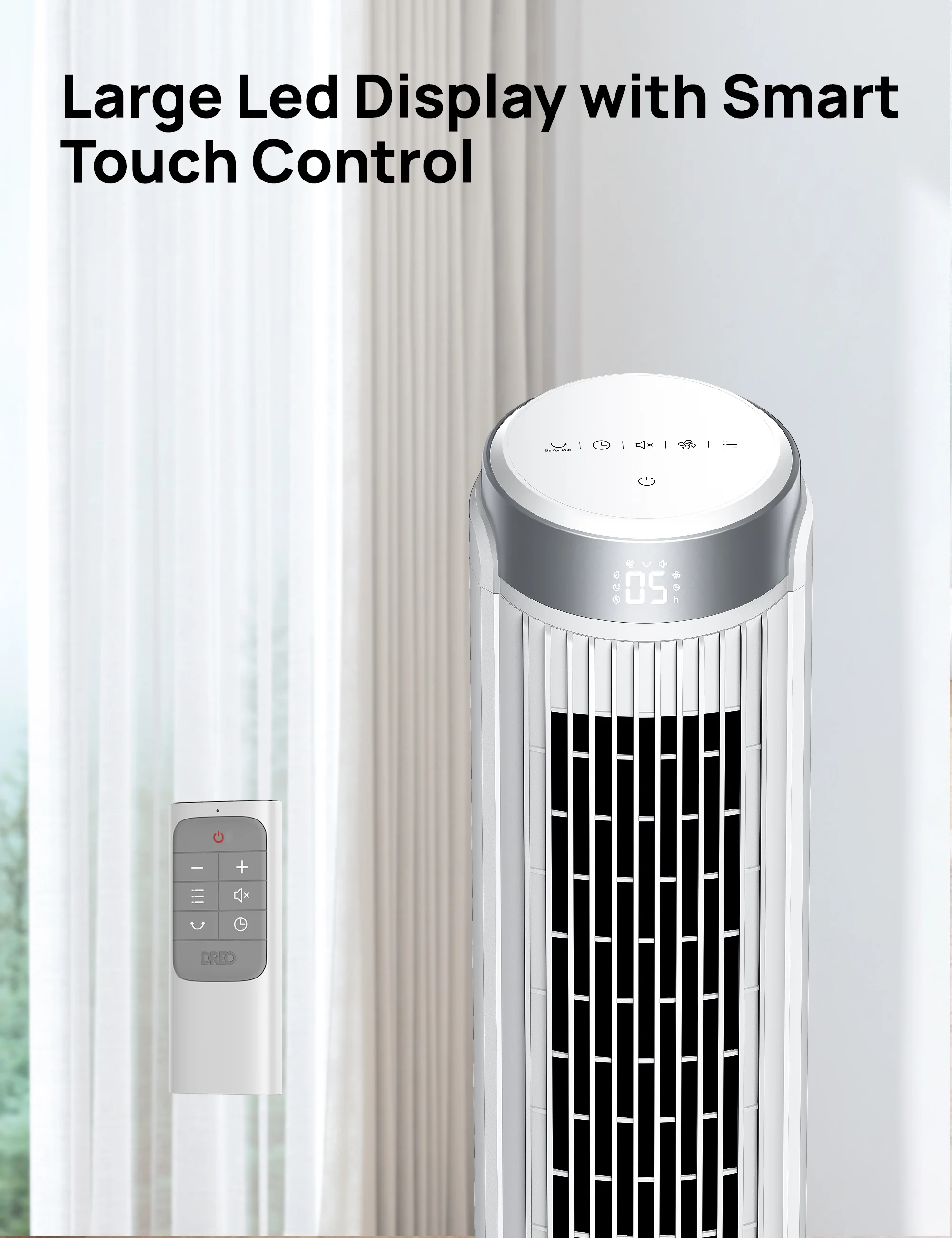 Dreo Tower Fan for Home 40 Inch, 90?? Oscillating Bladeless Fan with Remote, 5 Speeds, 4 Modes, 12H Timer, LED Display with Touch Control, Quiet Floor Fan for Bedroom, White