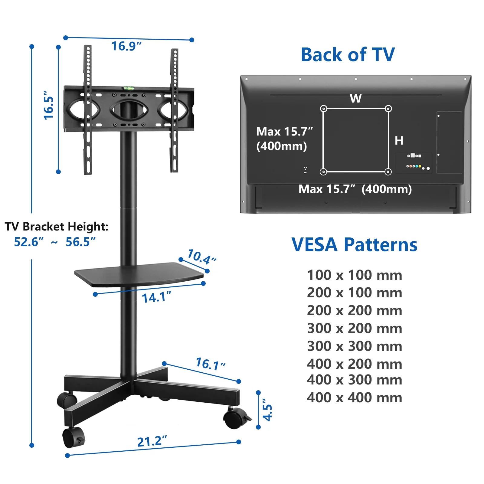 TVON Modern Rolling TV Stand Mobile TV Cart for 32 to 60 inch Flat Panel TVs, Black