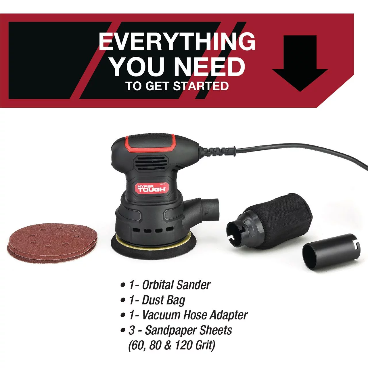 Hyper Tough 2.5 Amp Corded 5 inch Orbital Sander with Dust Bag, Vacuum Hose Adapter & 3 Sanding Sheets (60, 80, & 120 Grit)