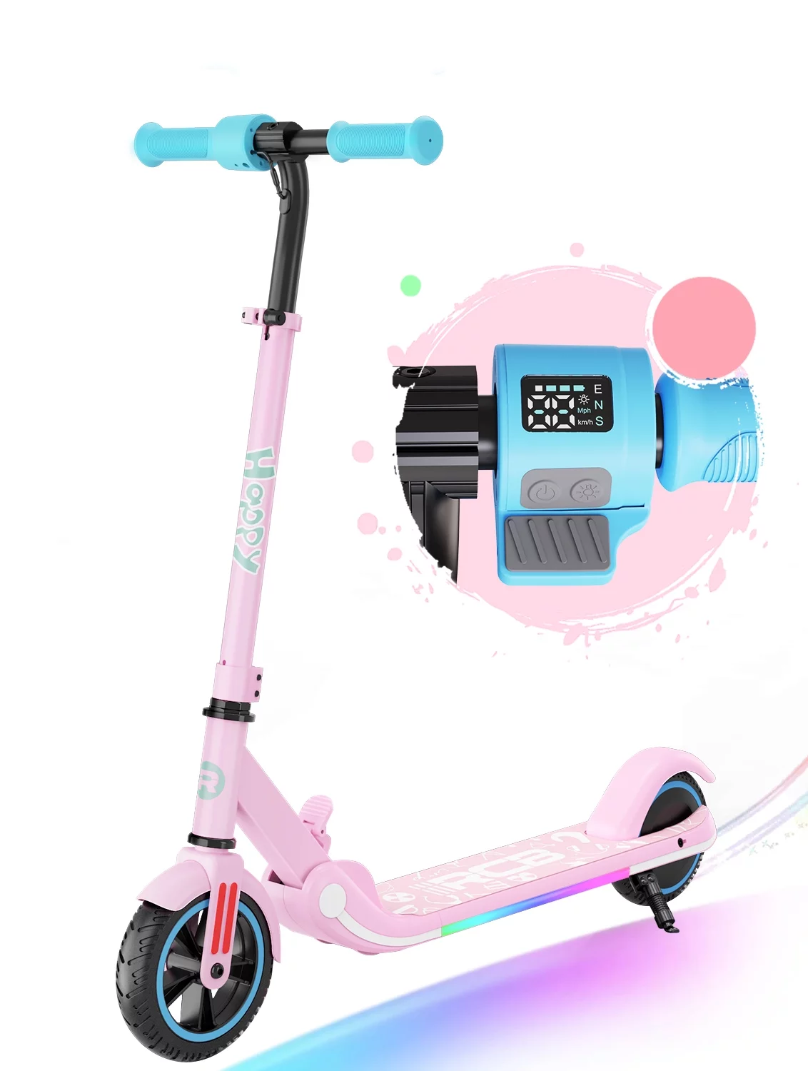 RCB Electric Scooter, for Kids Ages 6+, 3 Speeds and Height Adjustable,Vibrant Lights,Black